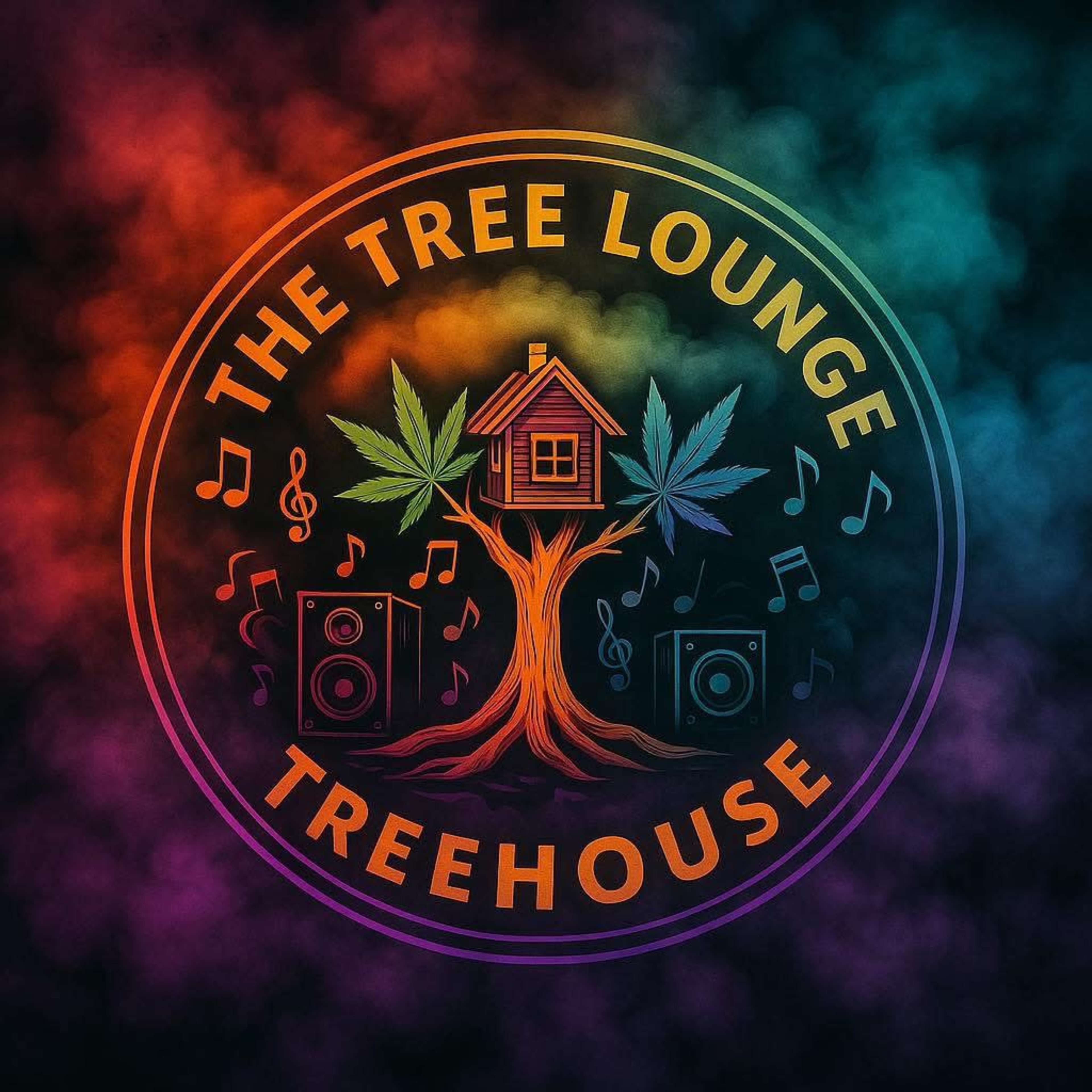 The image features a colorful circular logo with a tree at its center, a house perched atop the tree, and musical notes and speakers surrounding the tree, all set against a gradient background.