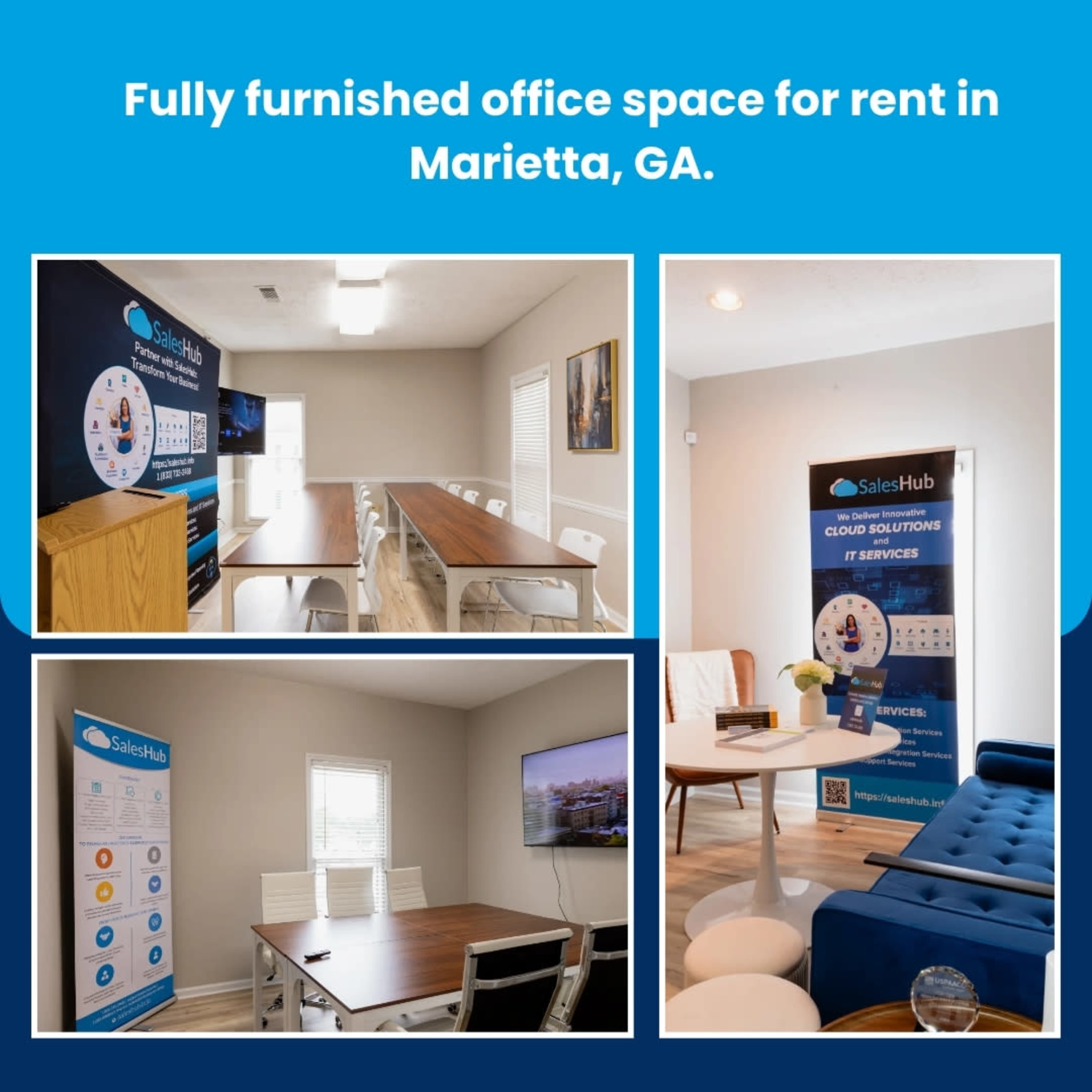 The image showcases a fully furnished office space for rent in Marietta, GA, featuring a meeting room with a large table, a lounge area, and promotional banners for SalesHub's IT services.