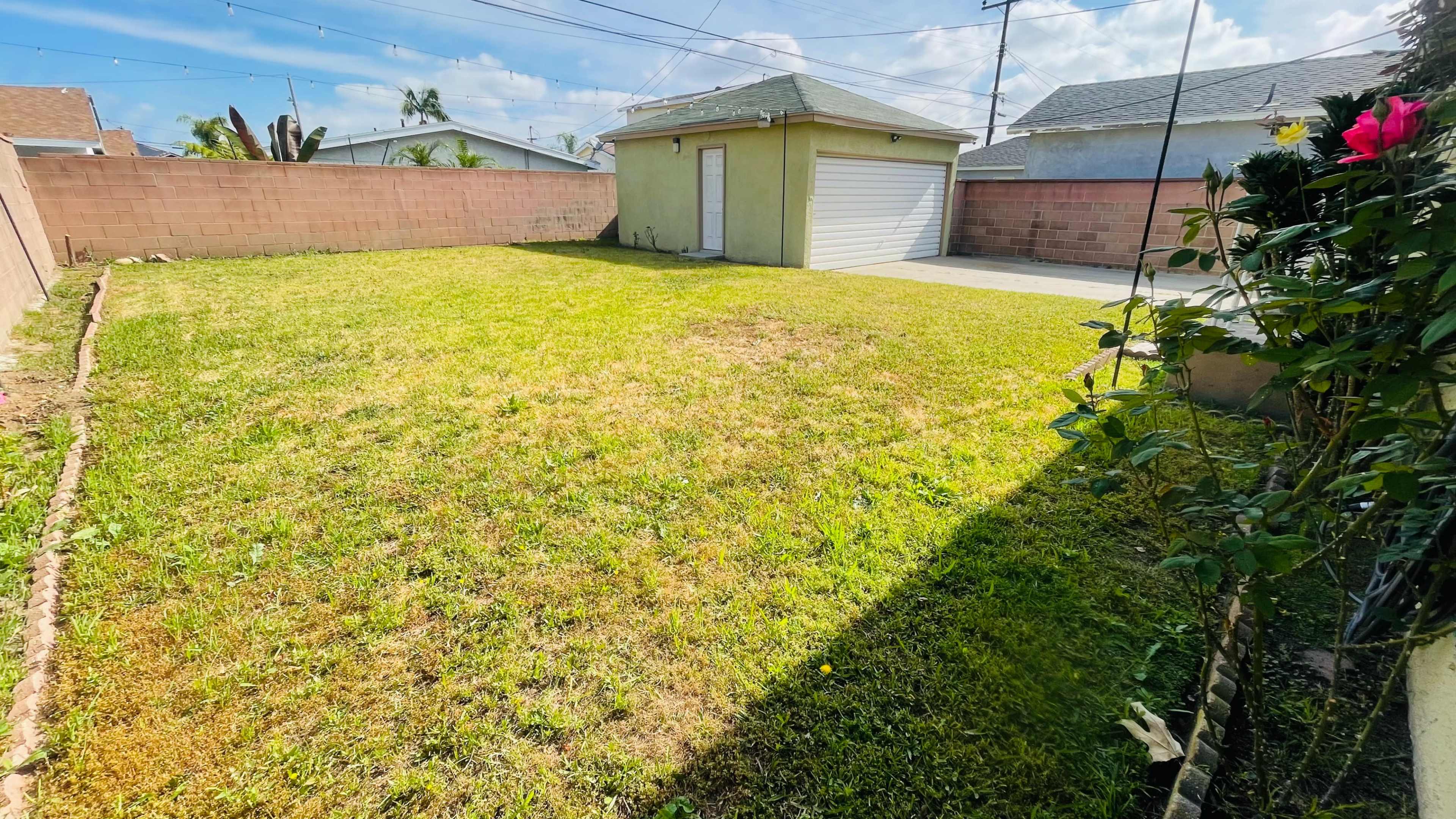 The image shows a grassy backyard with a garage and a wall surrounding the space, under a partly cloudy sky.
