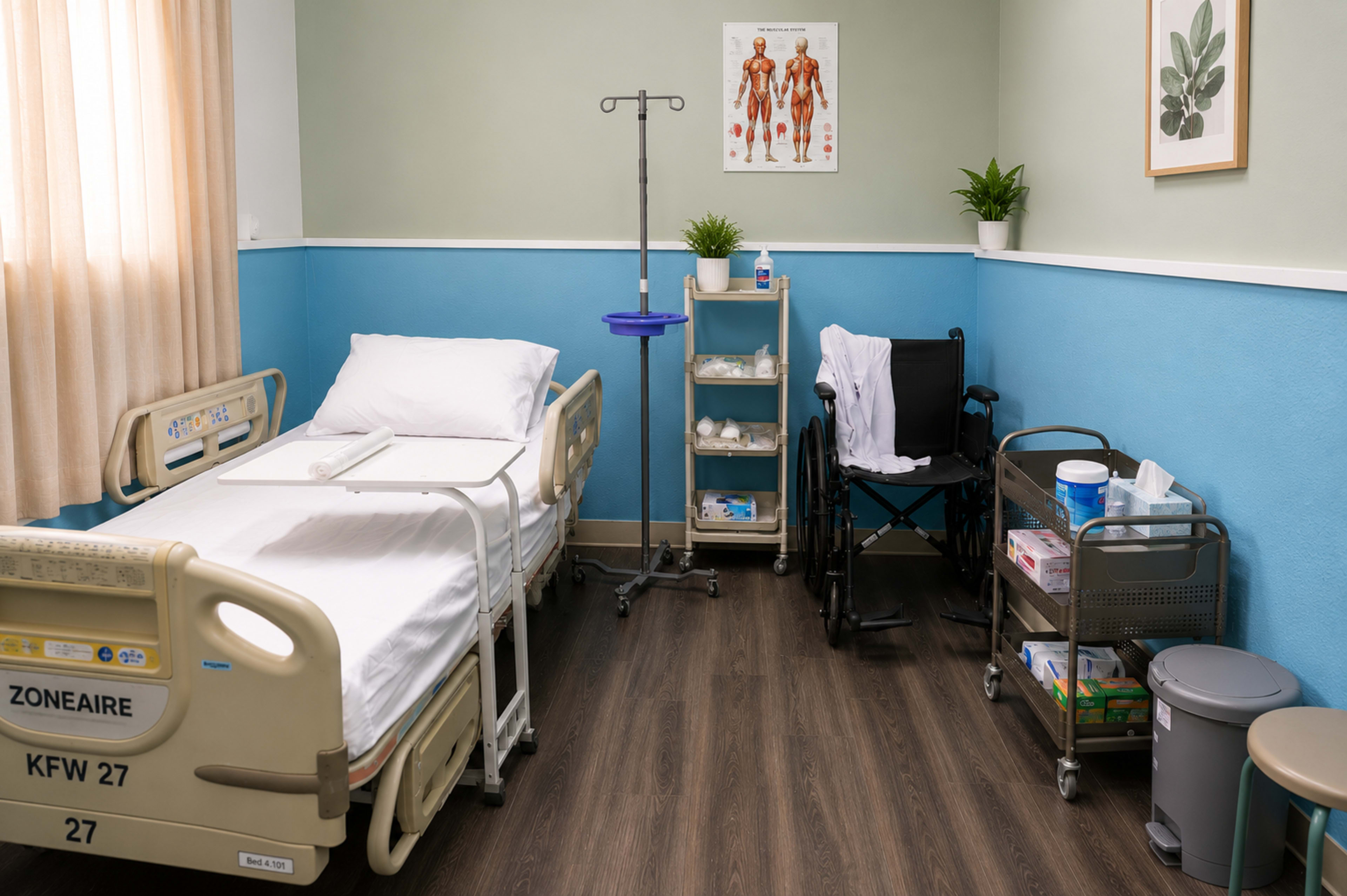 The image shows a hospital room with a vacant bed, a wheelchair, a medical cart with supplies, and a wall poster of human anatomy.