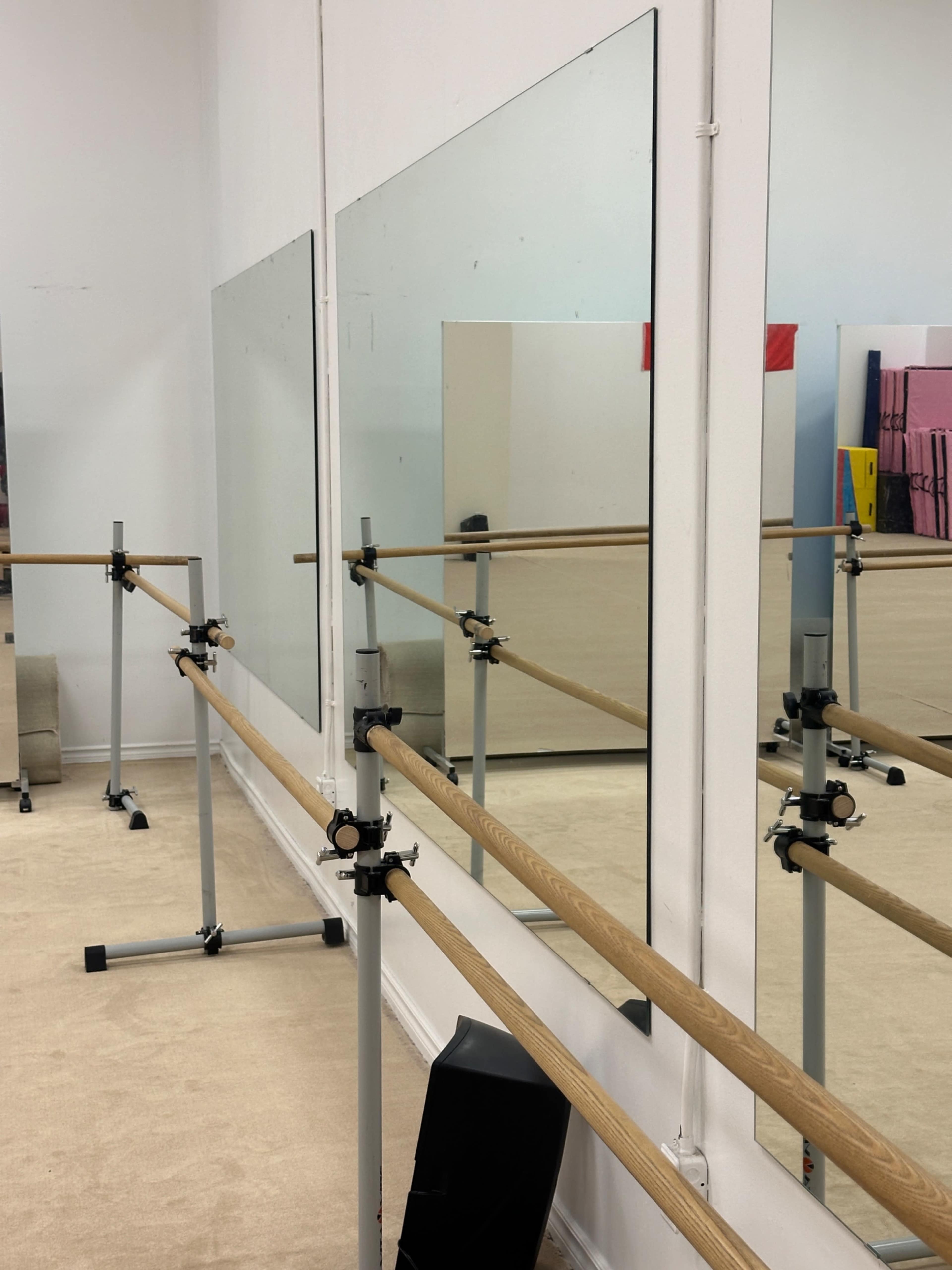 The image shows a mirrored dance studio with ballet bars against a wall.