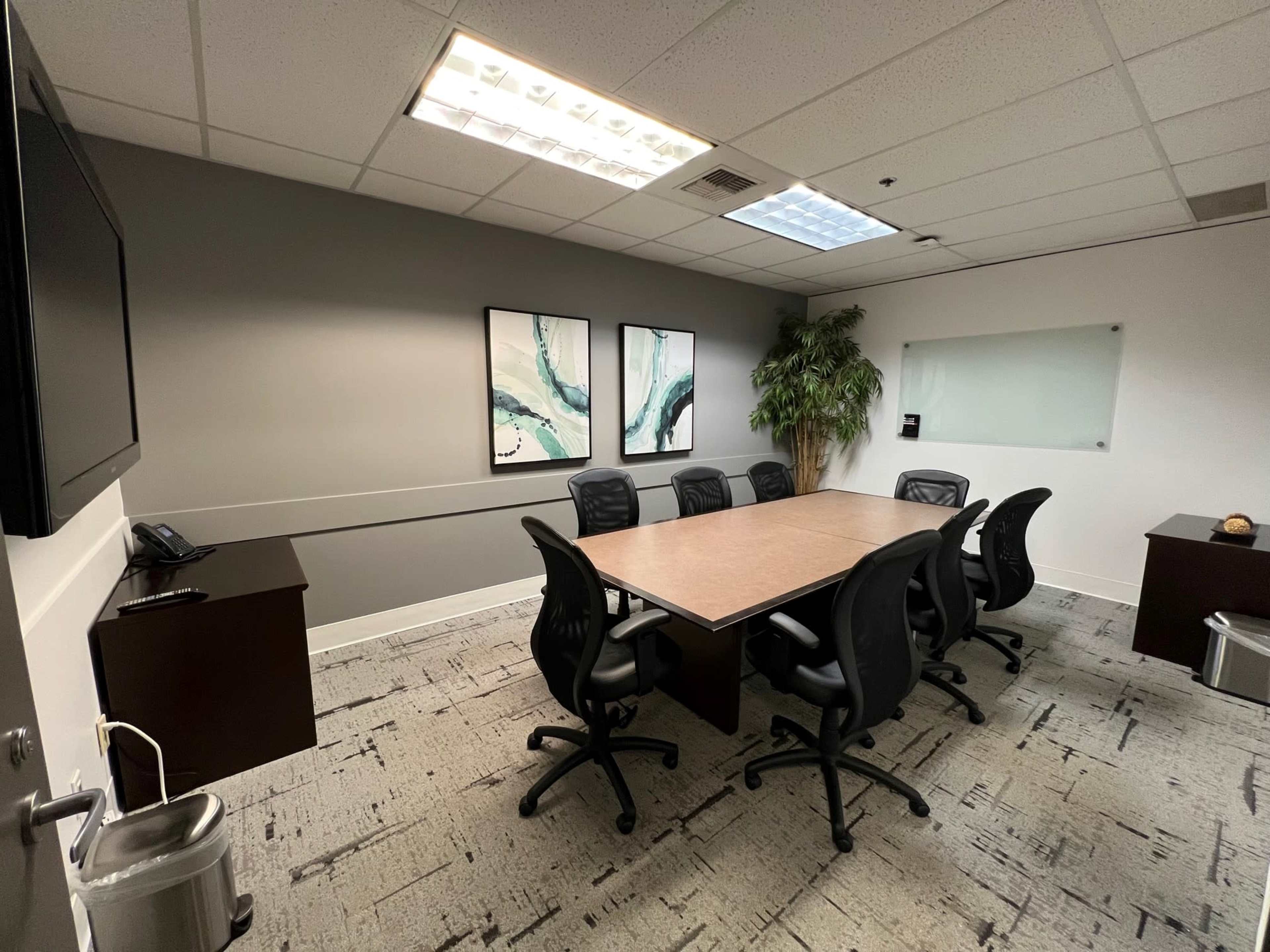 A conference room features a long wooden table surrounded by black office chairs, with two abstract paintings on the wall and a plant in one corner.