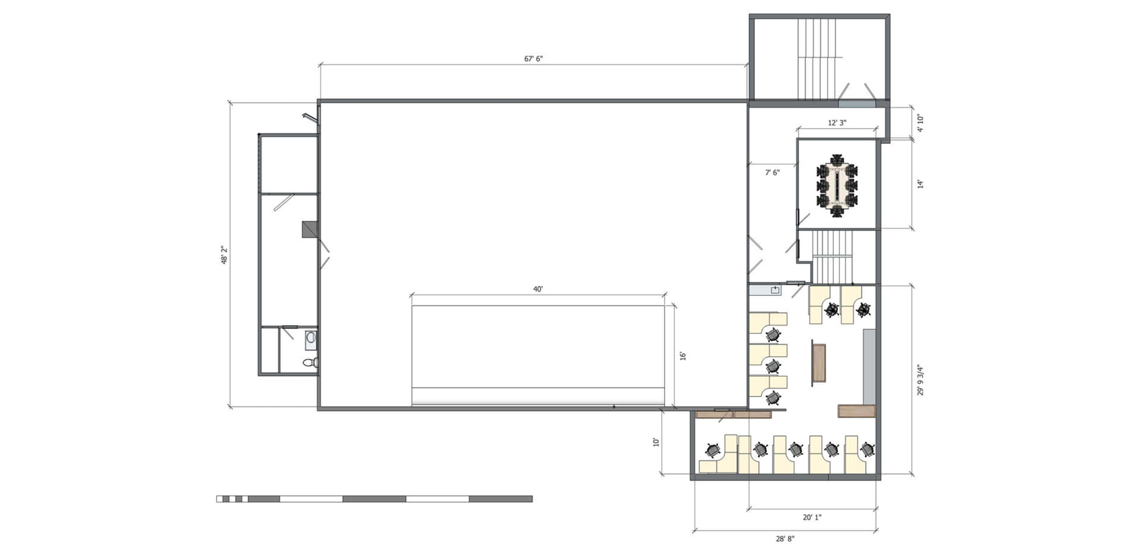 A floor plan of a rectangular space, including designated areas for a dining section, kitchen, and seating arrangement with detailed measurements.