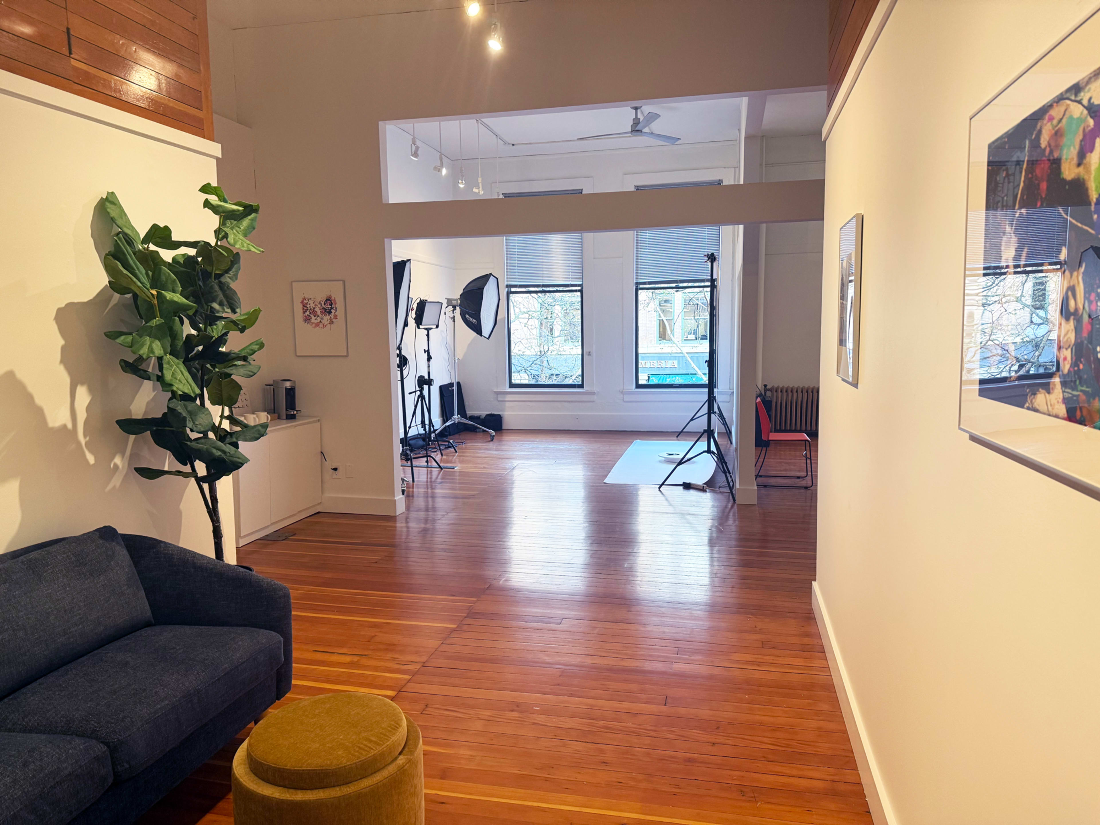 The image shows a spacious, well-lit room with a green plant, a dark couch, and photography equipment set up in the background.