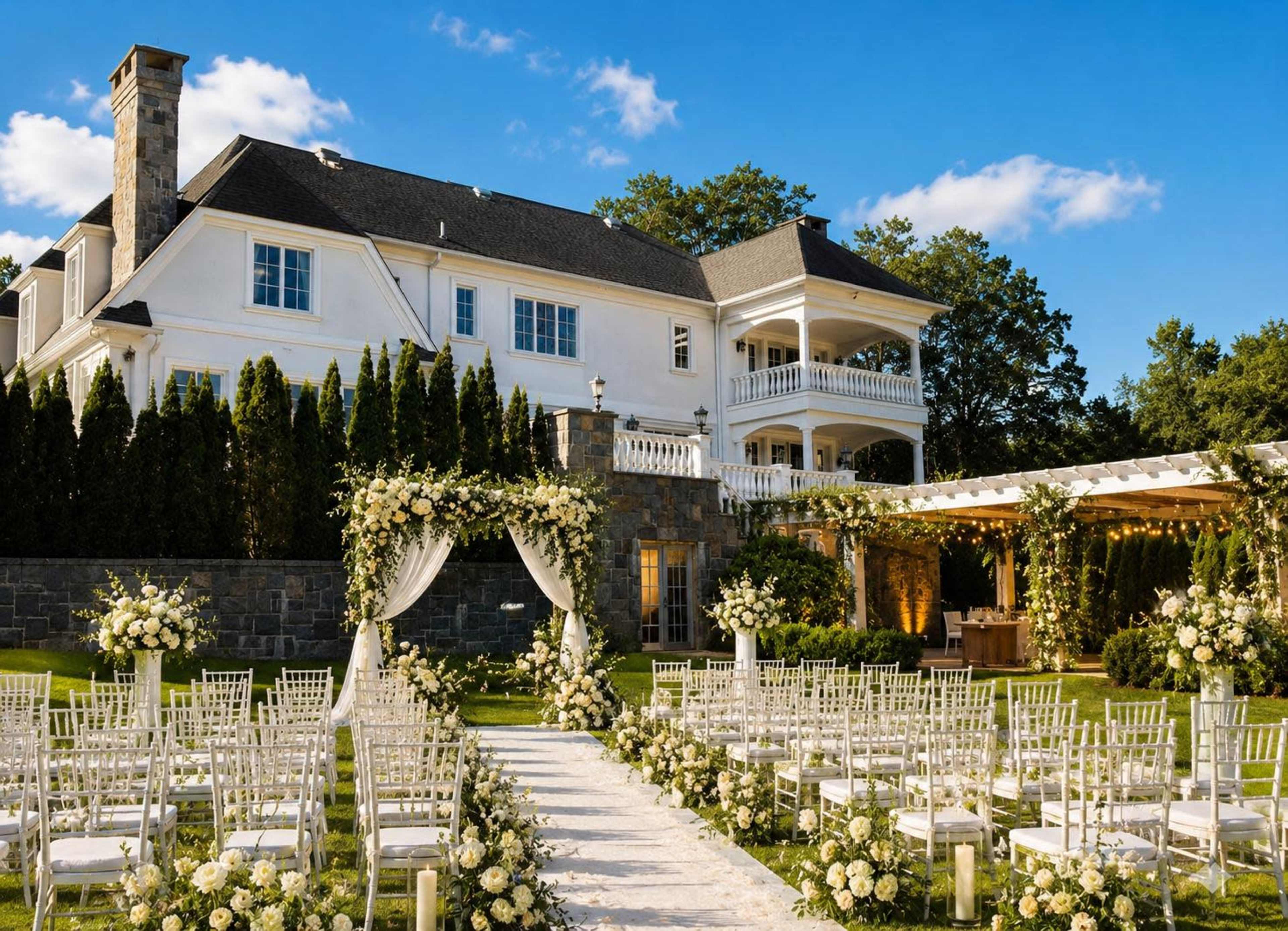 A large white mansion serves as the backdrop for an outdoor wedding ceremony, featuring rows of white chairs lined along a flower-adorned aisle.