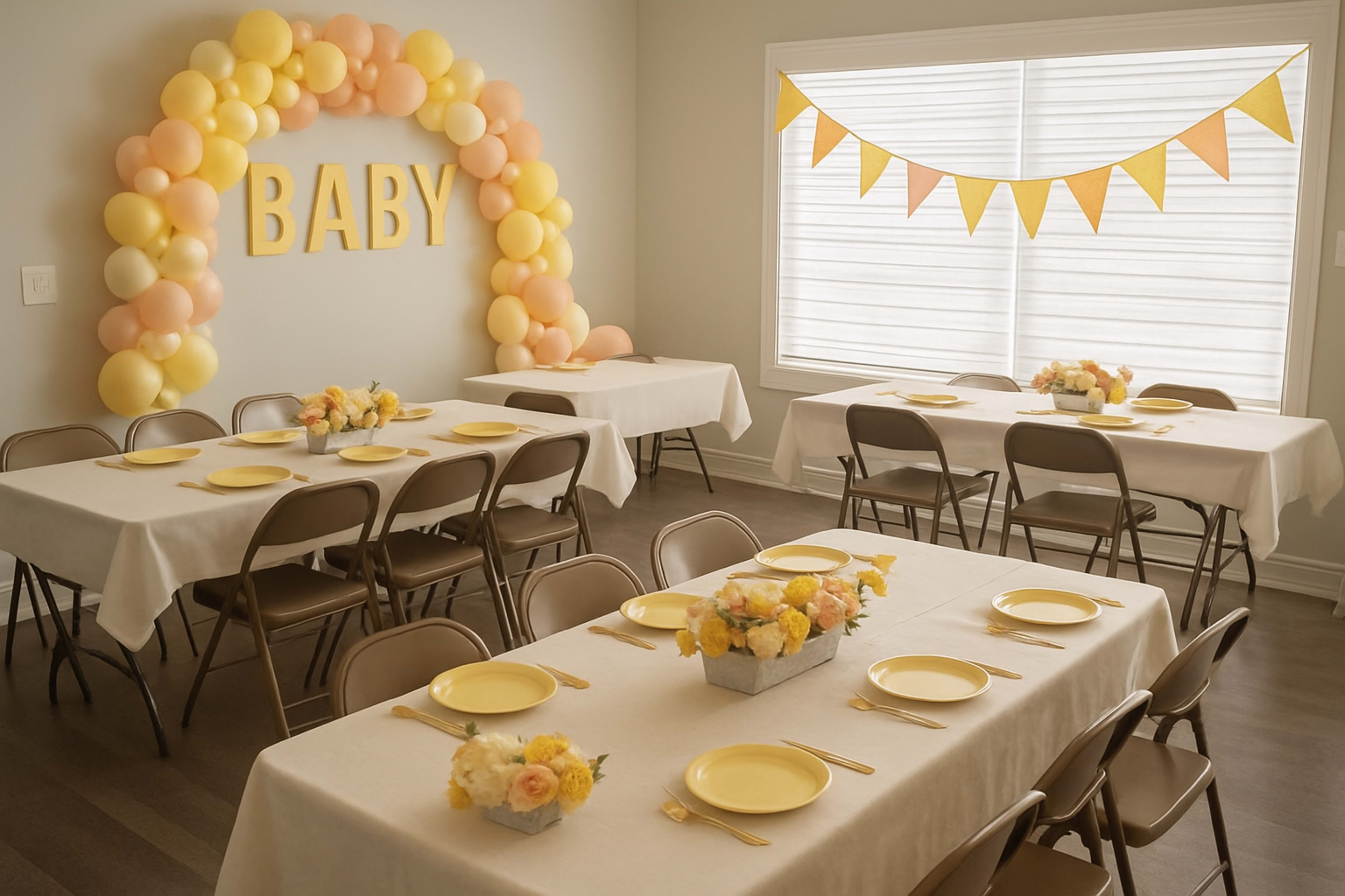 The image depicts a decorated room with two tables set for a baby shower, featuring yellow tableware, floral centerpieces, and a balloon arch reading "BABY."