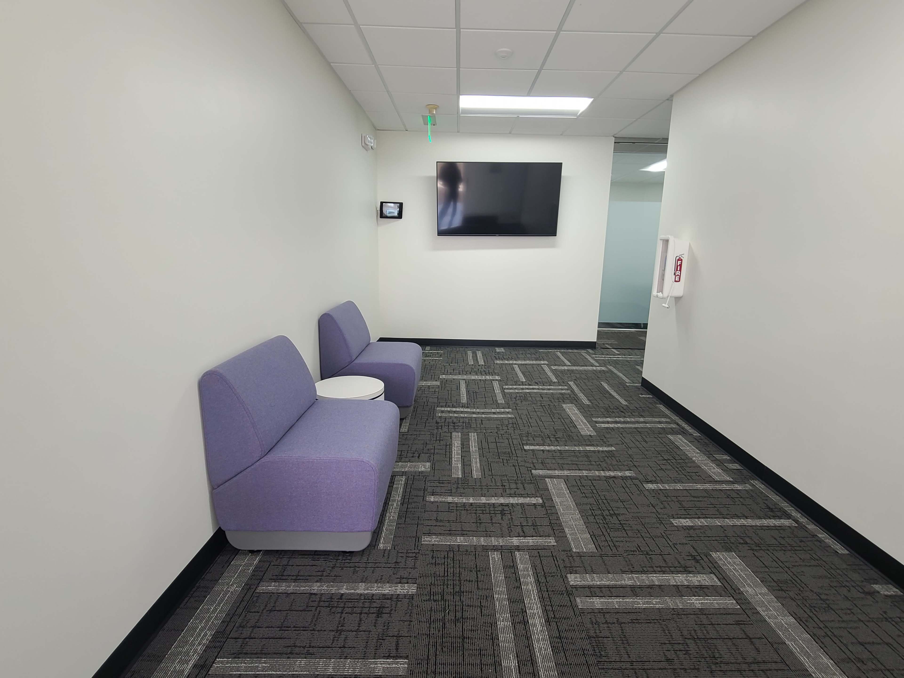 A hallway with two purple sofas, a small white table, a television mounted on the wall, and grey carpet flooring.