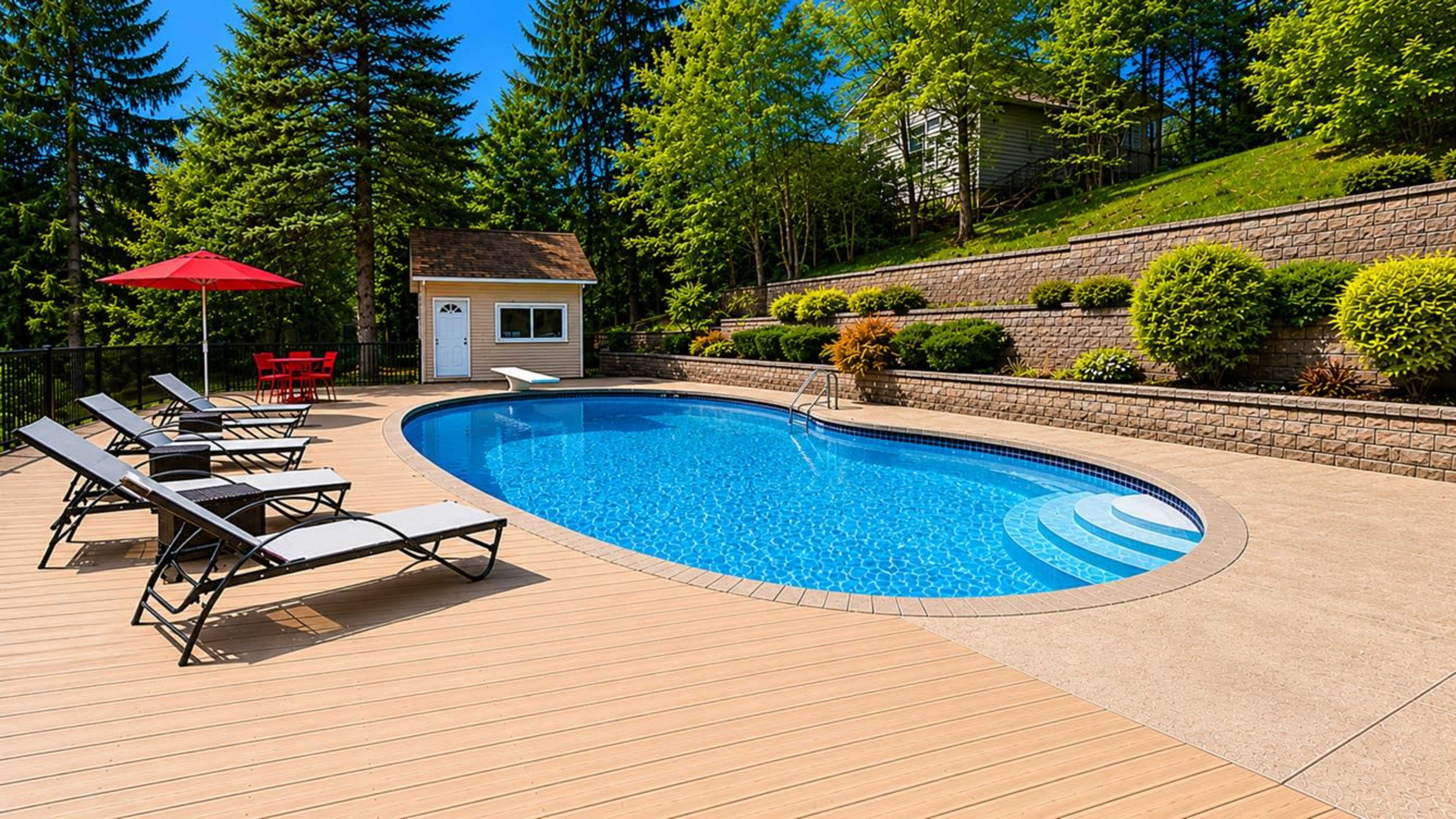 The image features a rectangular swimming pool surrounded by wooden decking and lounge chairs, with vibrant greenery and a small shed in the background.