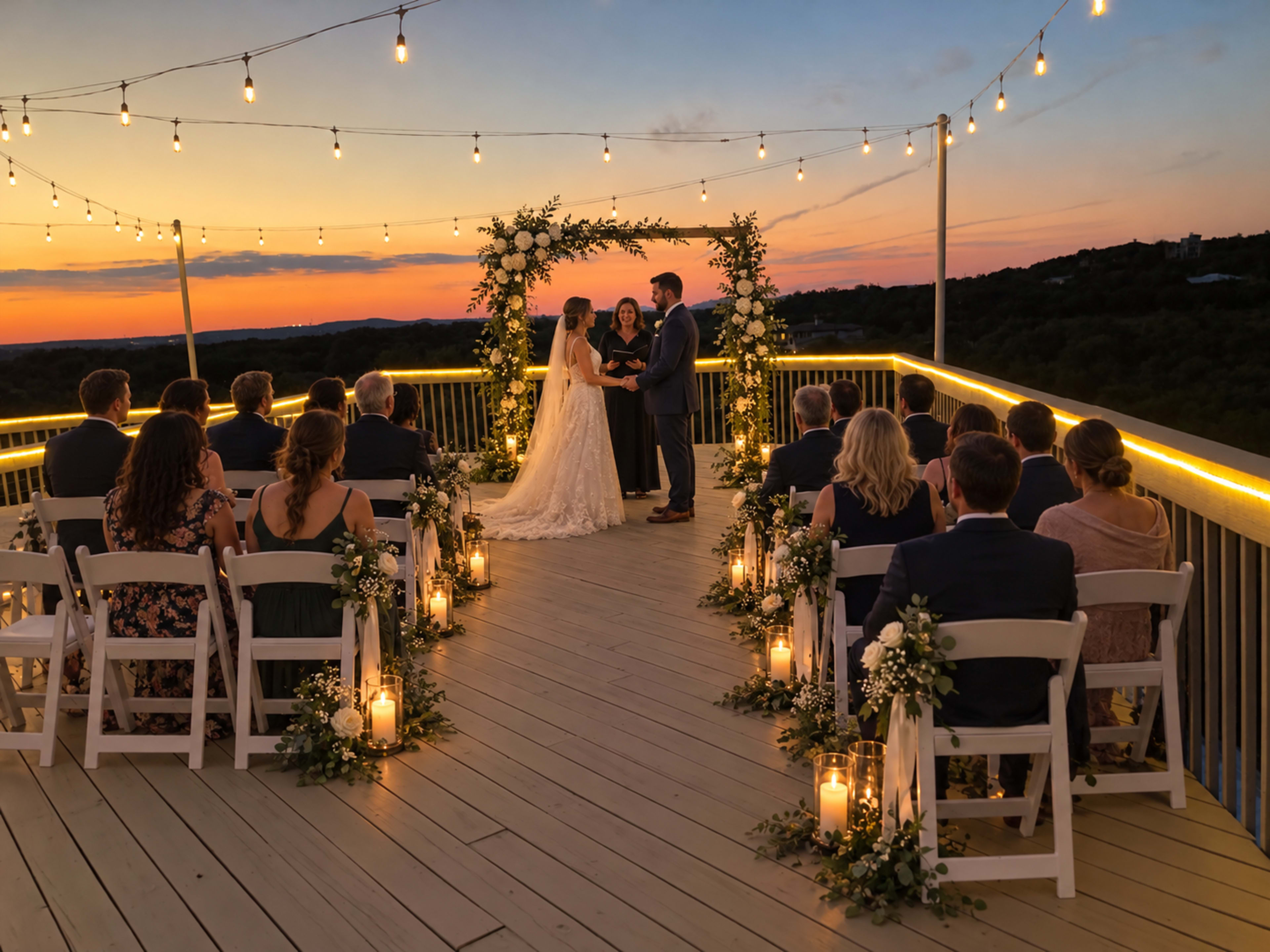 A couple stands under a floral arch on a deck at sunset, surrounded by guests seated in white chairs with candles and flowers lining the aisle.