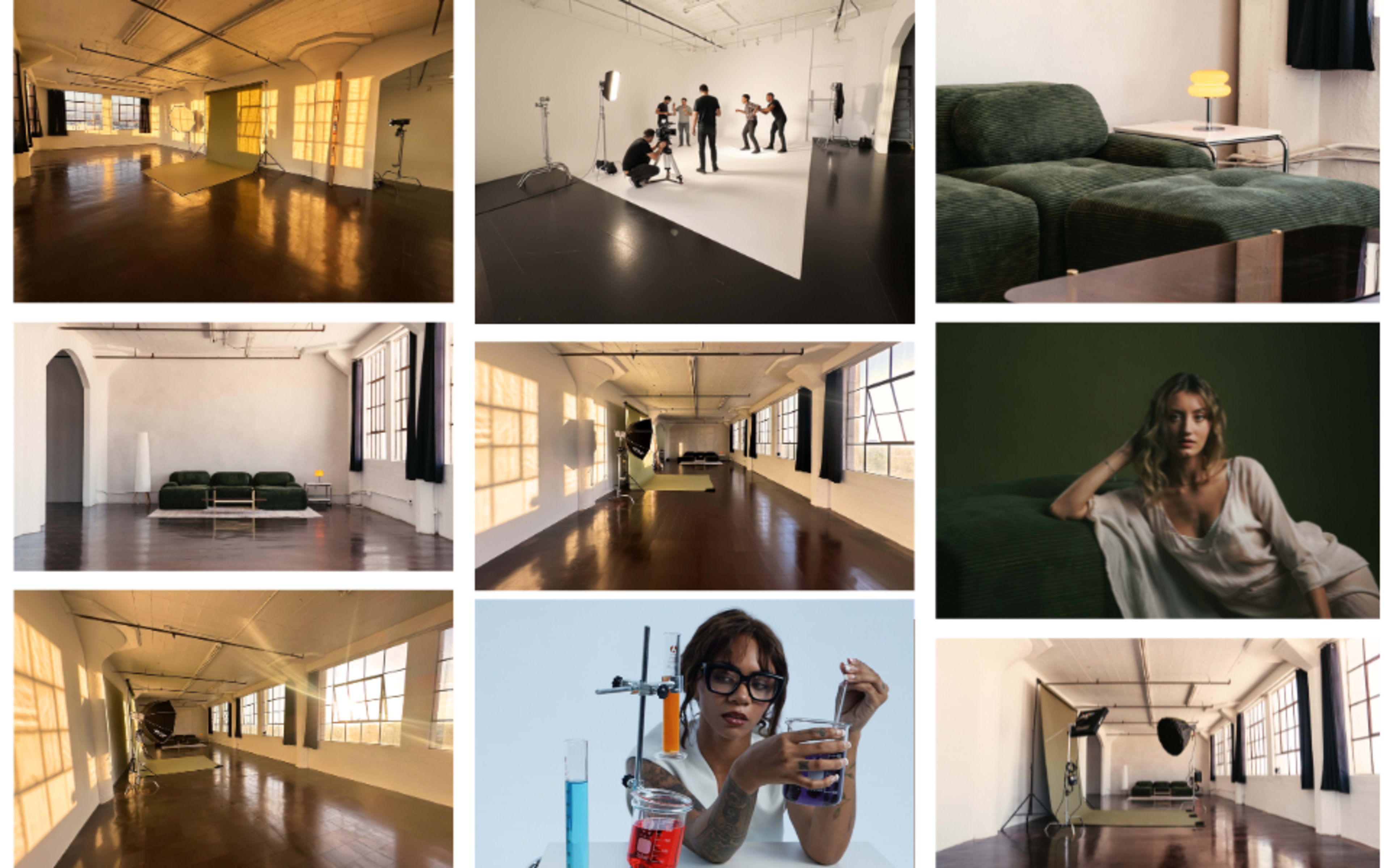 The image showcases a variety of scenes in a modern photography studio, featuring minimalist furniture, diverse backdrops, and models engaged in photo shoots.