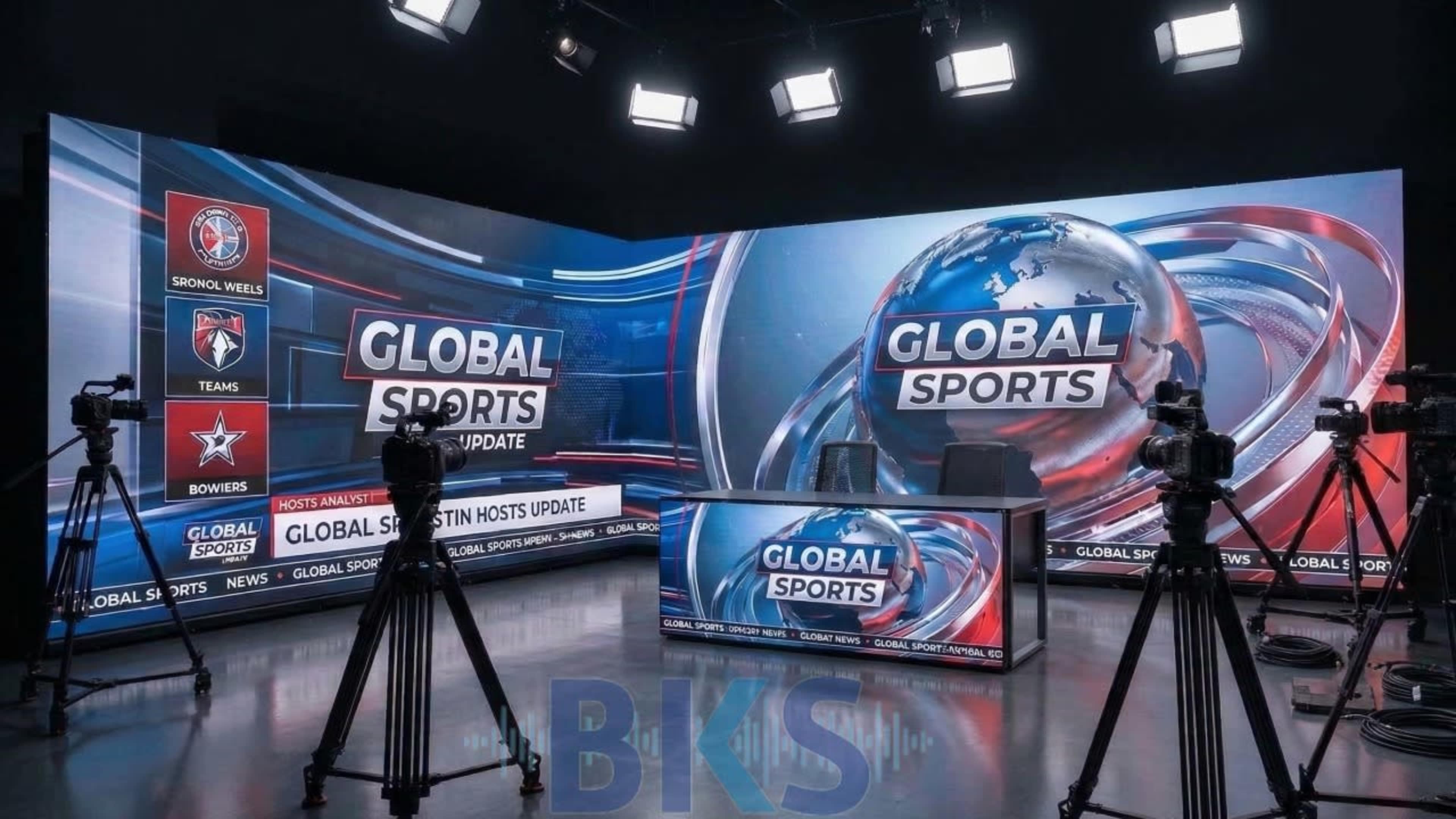 The image shows a modern sports news studio with a large display screen featuring the title "GLOBAL SPORTS UPDATE," two empty chairs at a desk, and multiple cameras set up around the space.