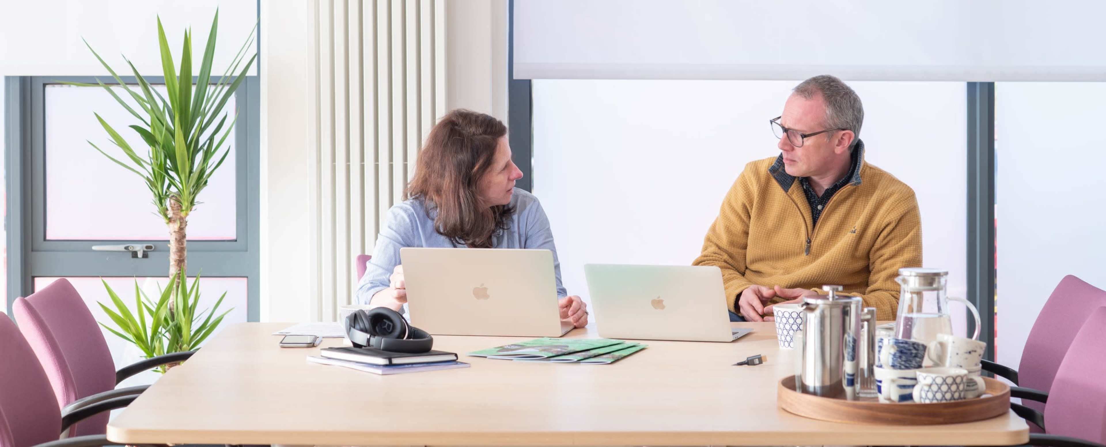 Two people are seated at a table with laptops in an office setting, engaging in conversation while surrounded by plants and office supplies.
