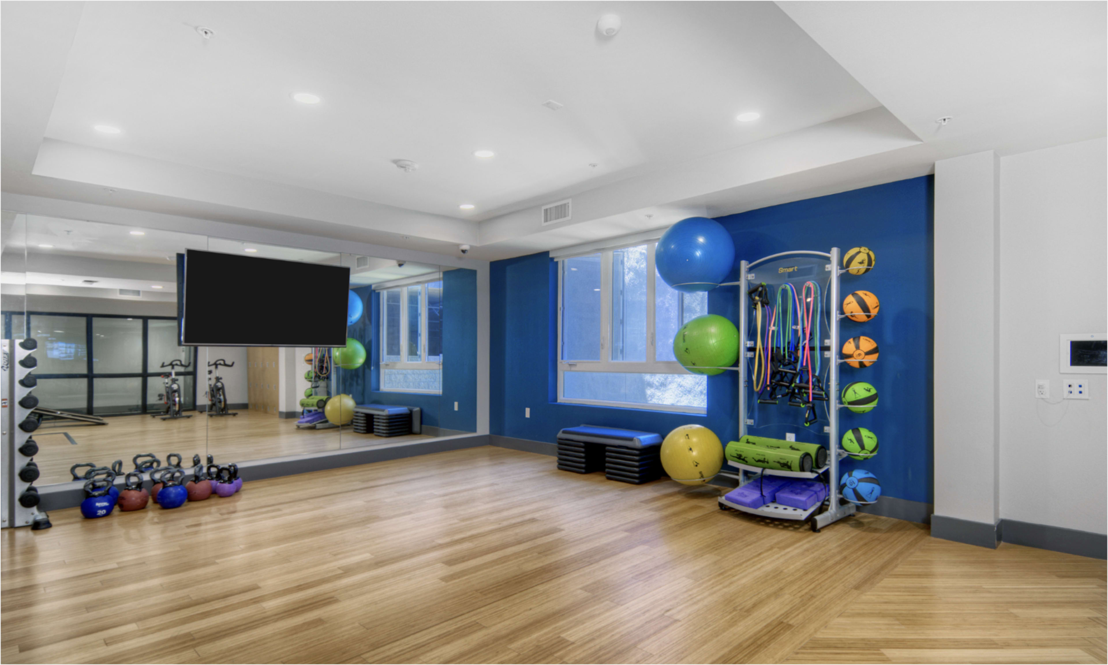 The image shows a fitness room with exercise equipment, including weights and colorful exercise balls, along with a large mirror and a television mounted on the wall.
