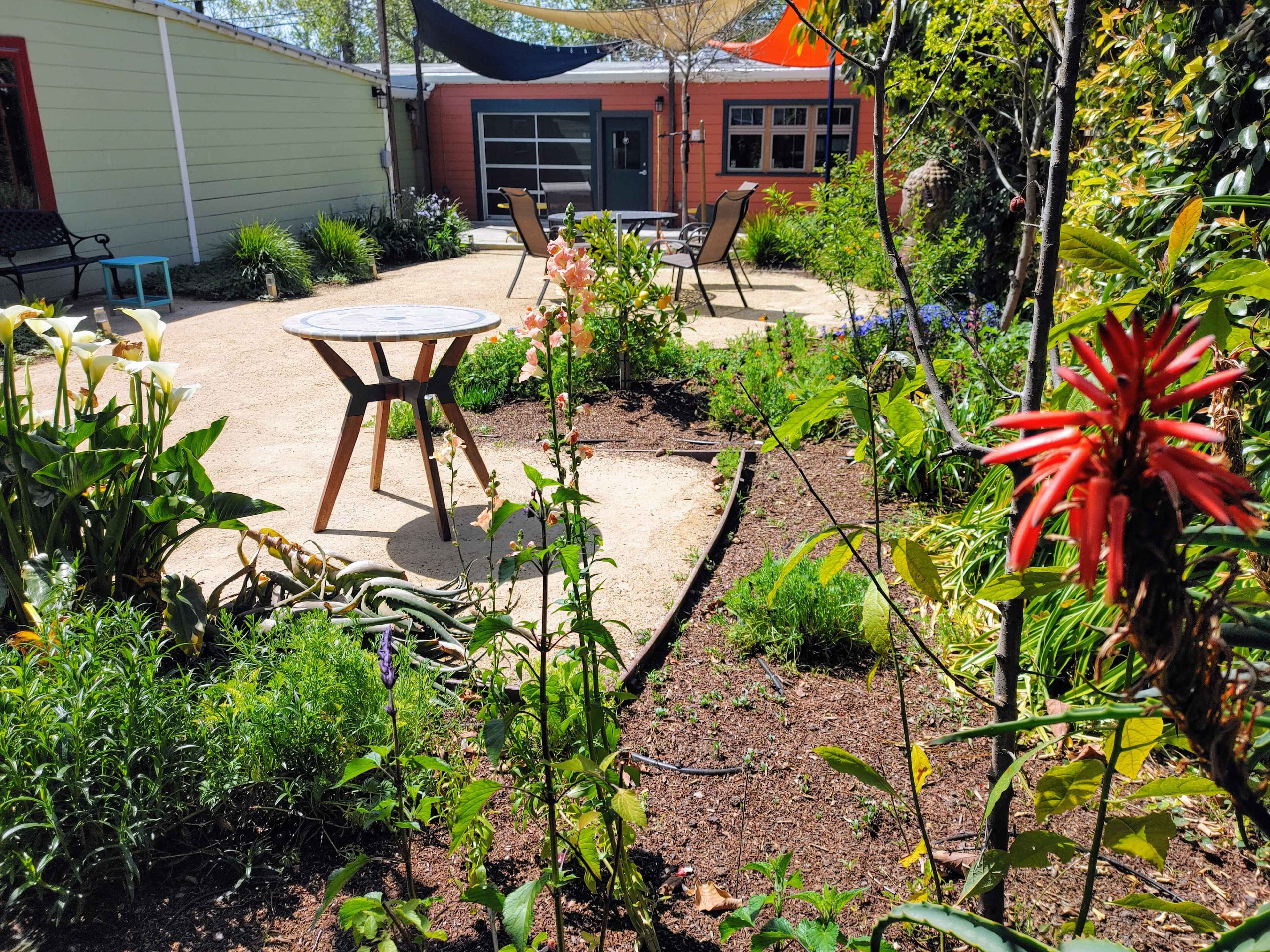 A garden scene with a small round table and chairs surrounded by various plants and flowers.