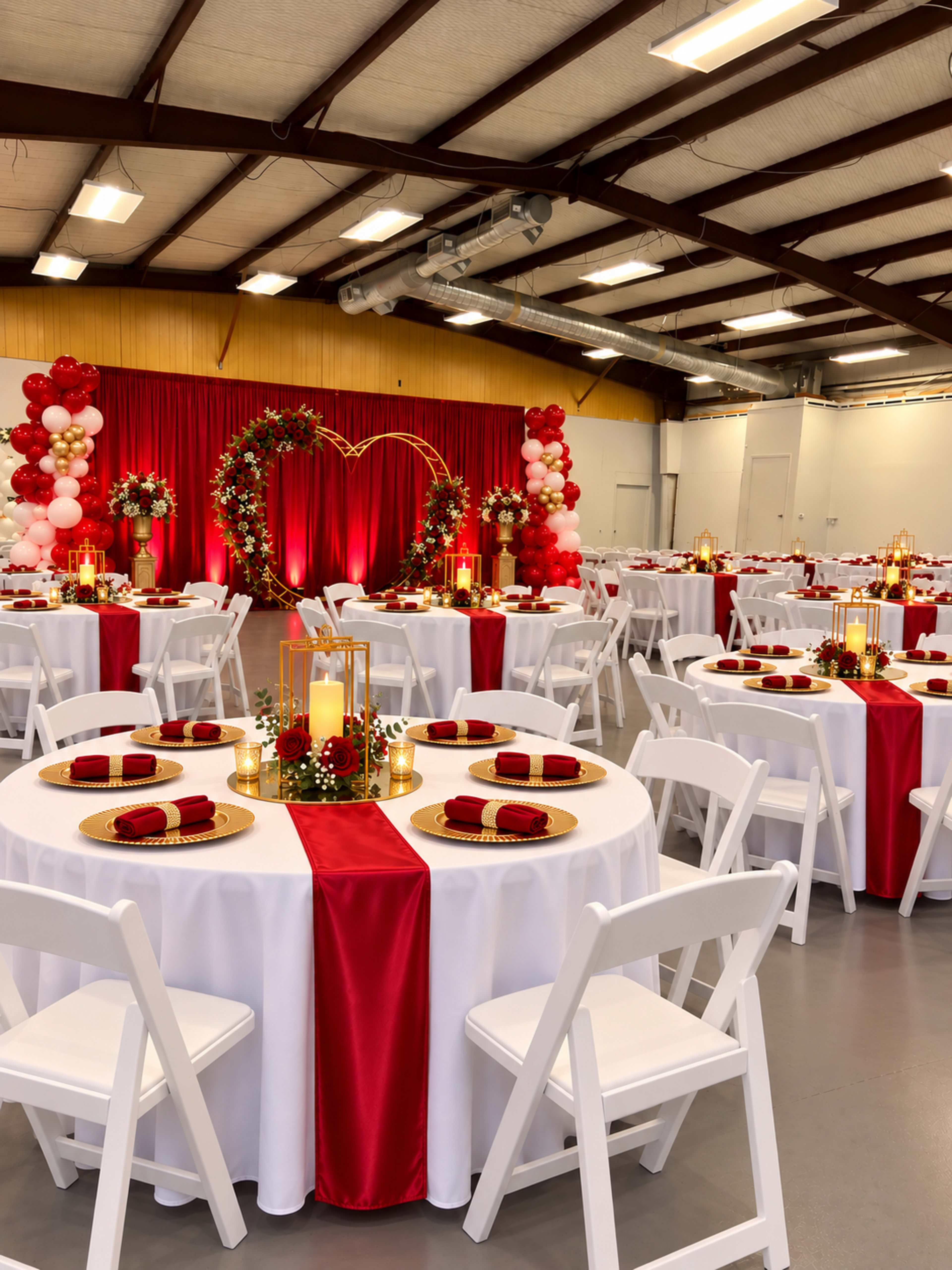The image depicts a banquet hall decorated for an event, featuring round tables dressed in white linens with red accents, elaborate centerpieces, and a backdrop adorned with floral arrangements and balloons.
