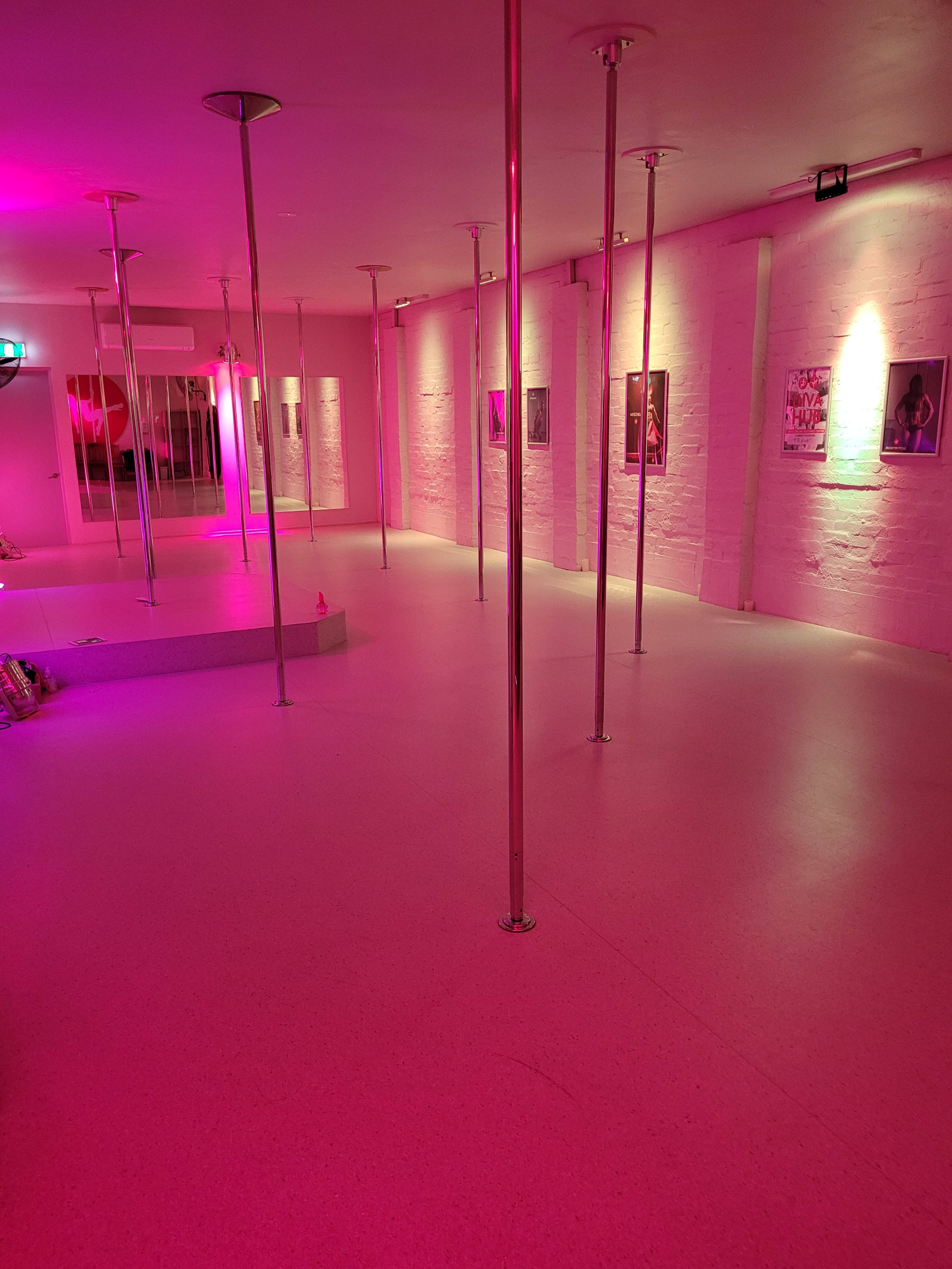 The image shows a dimly lit dance studio with several vertical poles and pink lighting, featuring white brick walls and framed photographs on display.