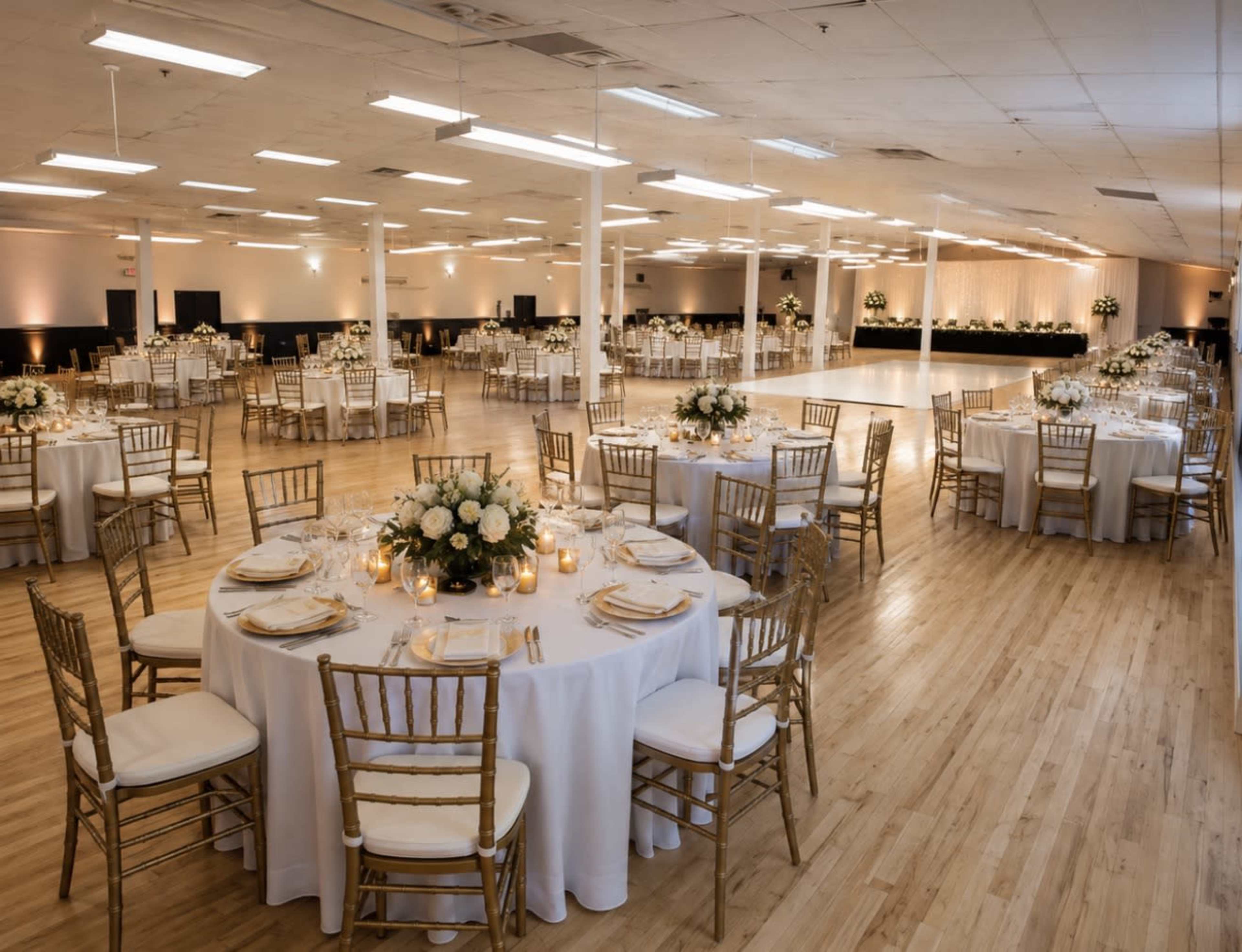 The image shows a spacious banquet hall set up for an event, featuring round tables with white linens and gold chairs, surrounded by floral centerpieces and candlelight.