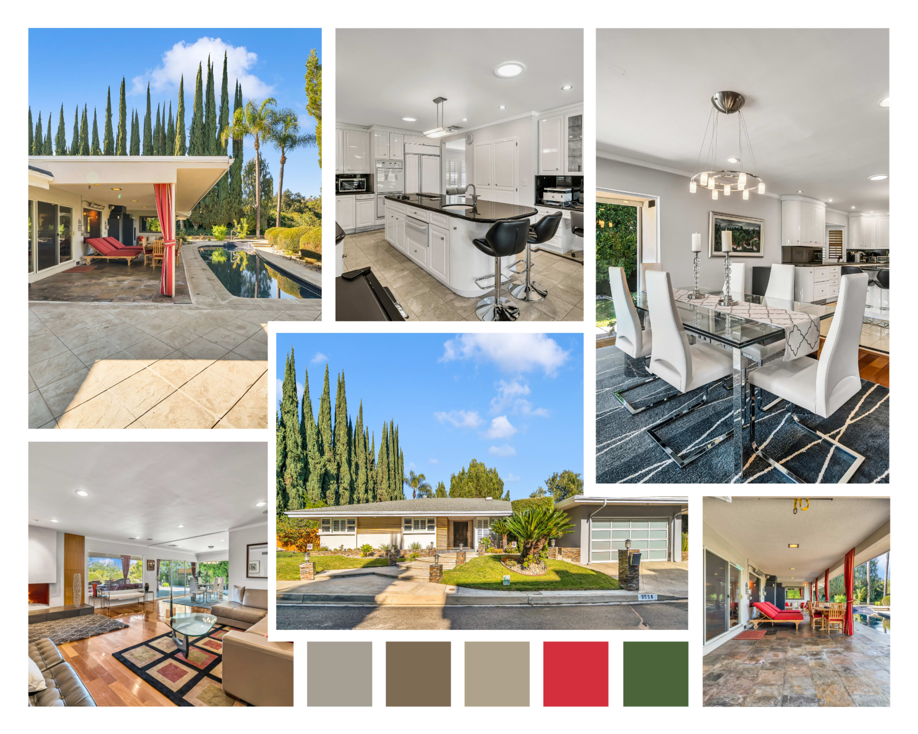 The image displays a collage of various interior and exterior views of a modern home, showcasing areas like the kitchen, dining room, living room, and landscaped outdoor space.