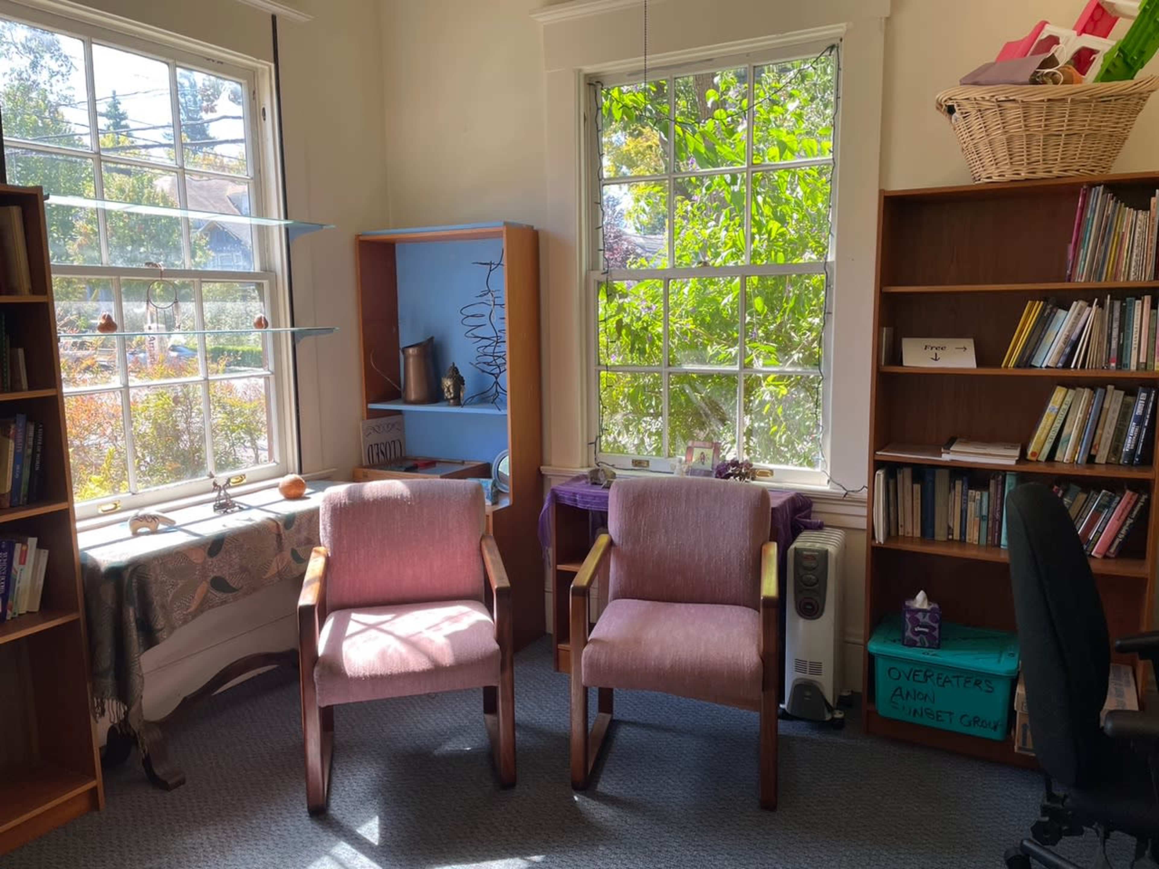 The image shows a well-lit room with two pink chairs, a bookshelf filled with books, and a window overlooking greenery outside.
