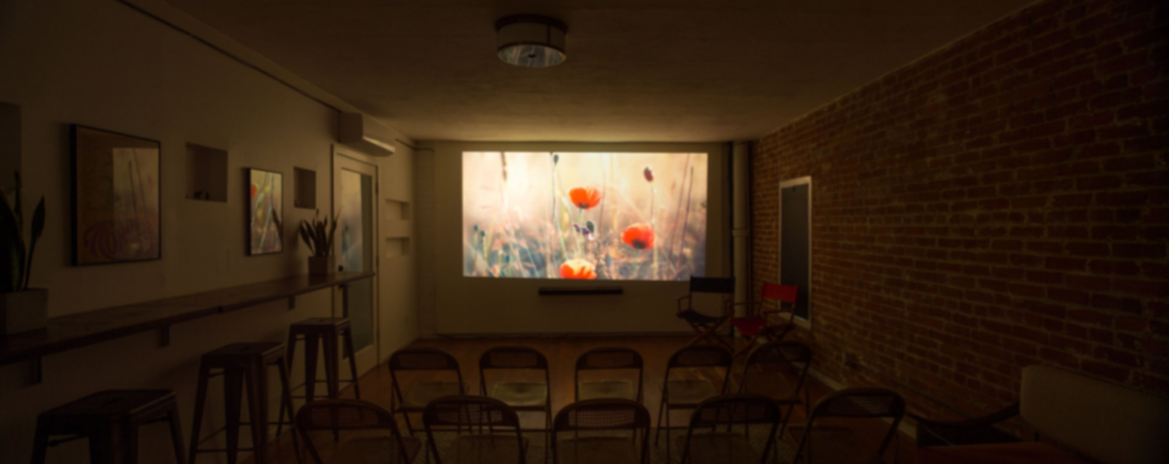 A room with a large screen displaying a floral image and several rows of chairs arranged in front of it.