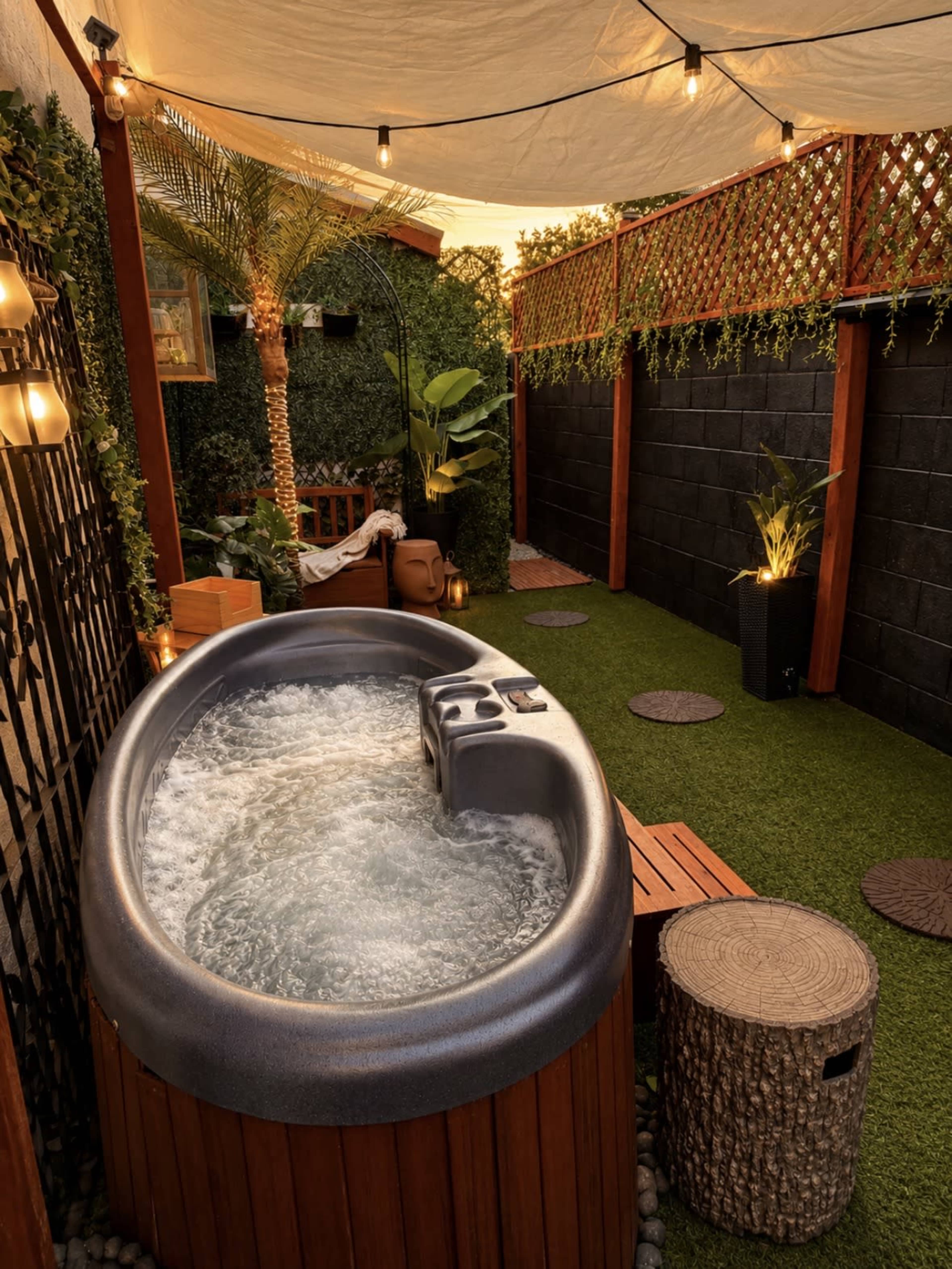 The image shows a backyard space featuring a hot tub surrounded by greenery, decorative lights, and wooden seating.