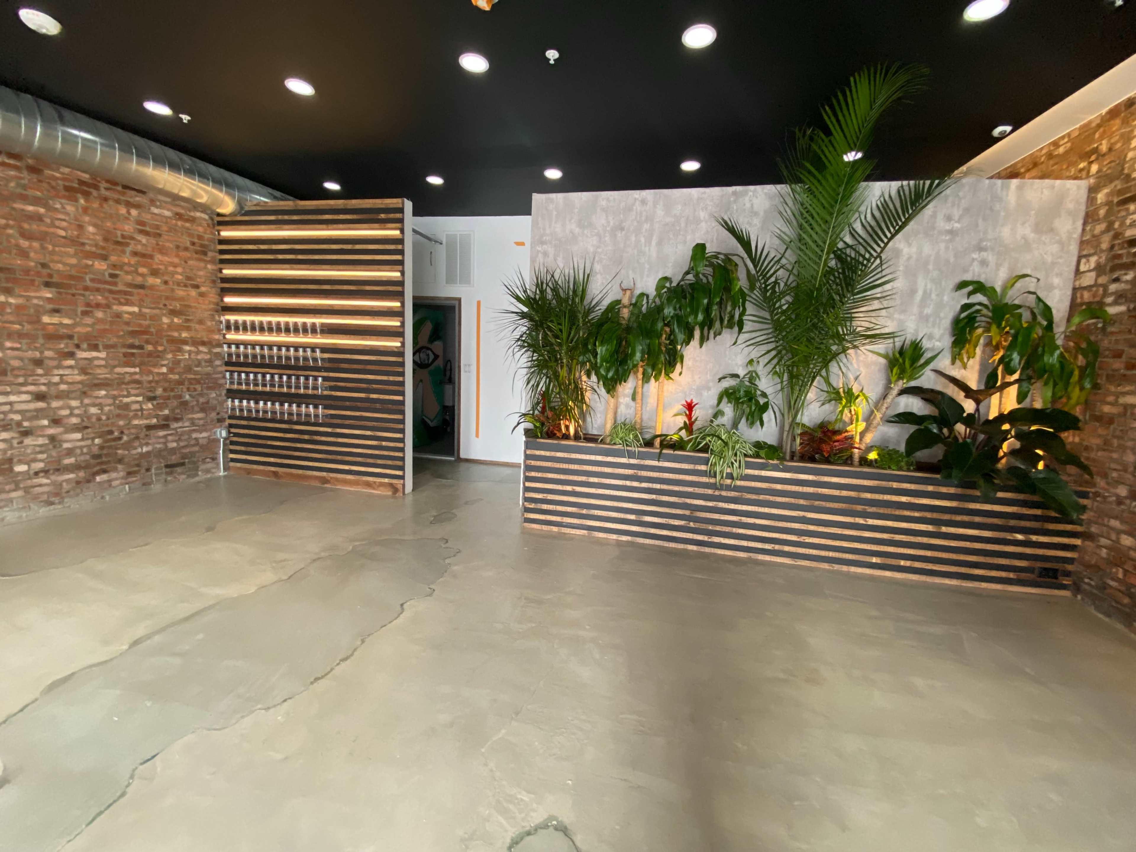A modern interior space with a textured brick wall, a gray wall section, and planters filled with various plants against a polished concrete floor.