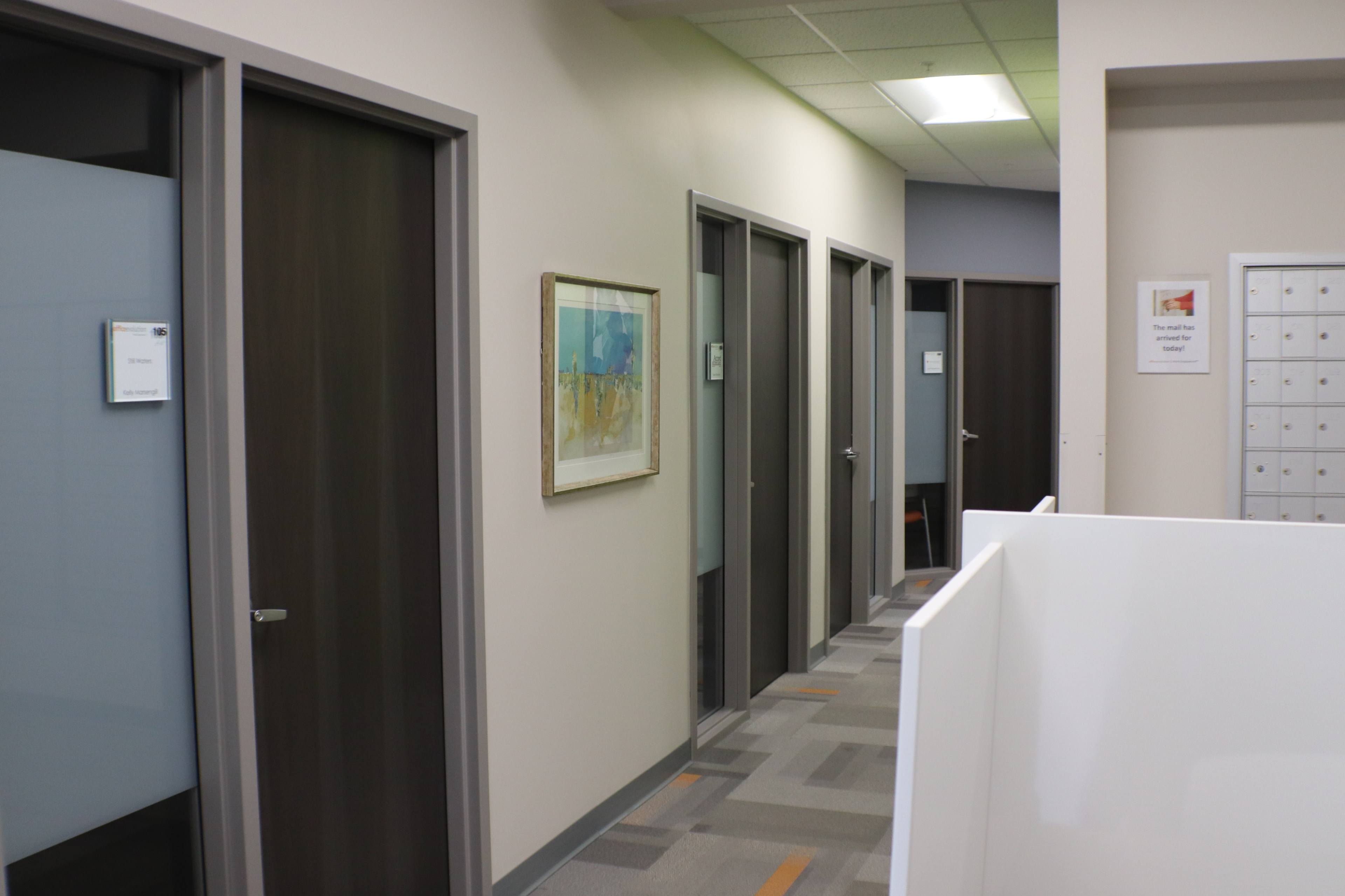 A corridor with several closed office doors and a framed painting on the wall.
