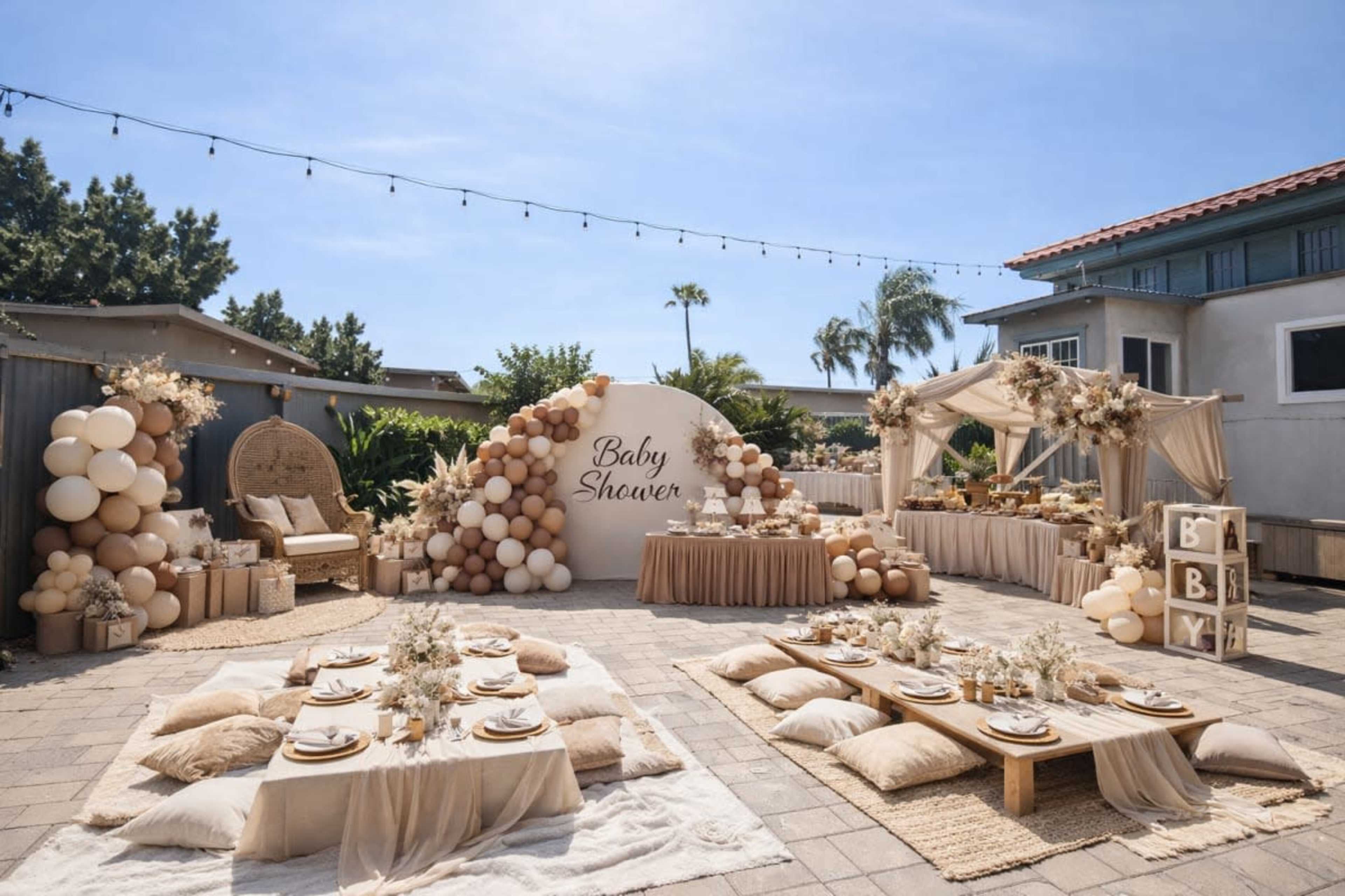 The image shows an outdoor baby shower setup with tables adorned with neutral-colored decorations, plush seating, and a large balloon arch in the background.