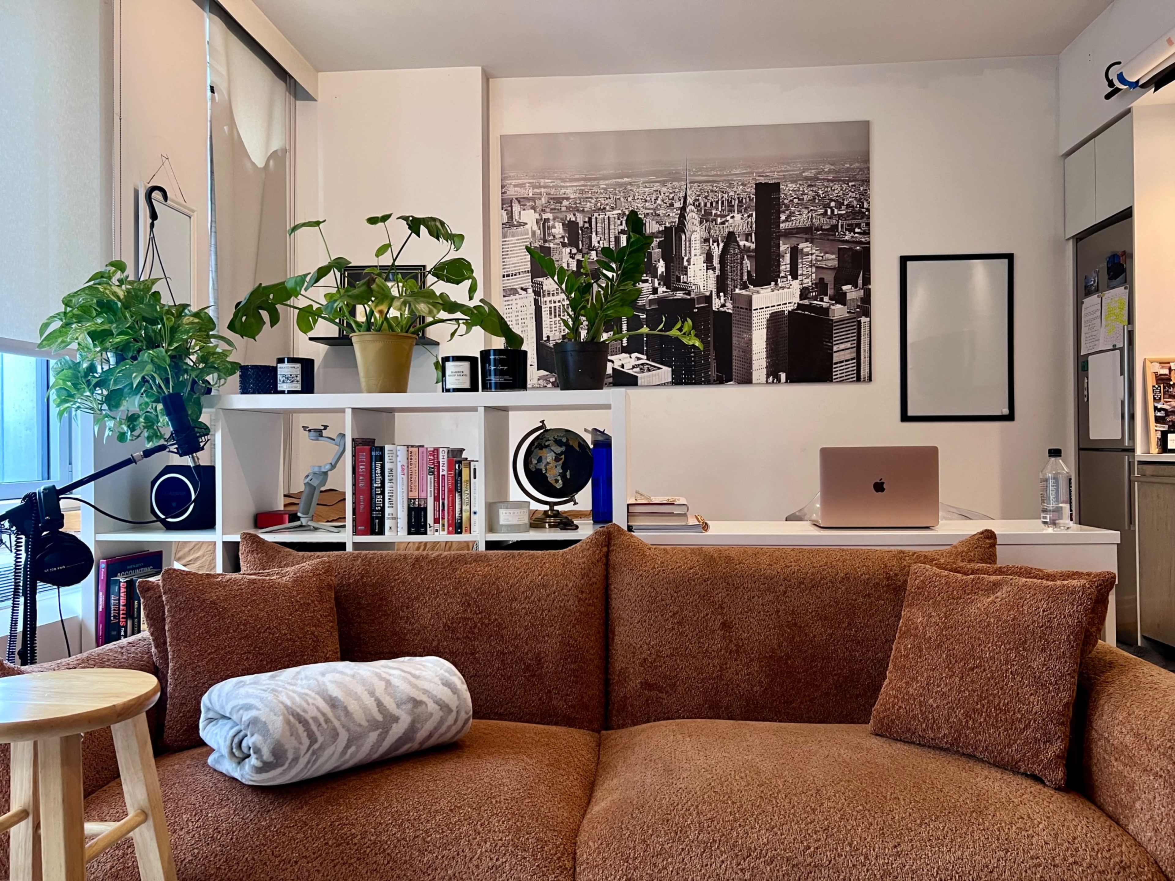 A cozy living space featuring a brown couch with pillows, a small stool, potted plants, a desk with a laptop, and a large black-and-white cityscape photograph on the wall.