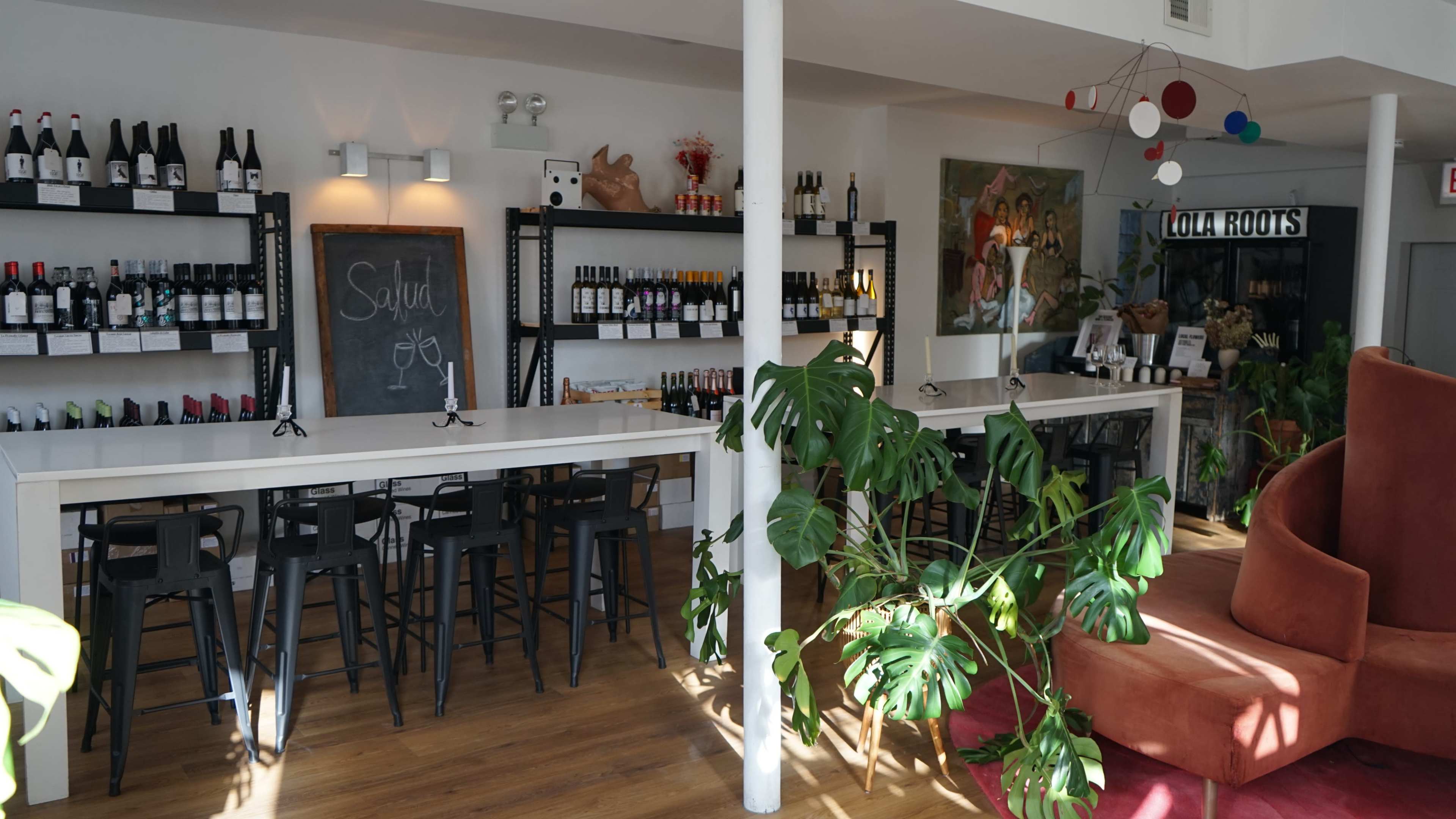 The image shows a modern wine bar with white tables, black stools, shelves displaying bottles of wine, and a large plant in the foreground.
