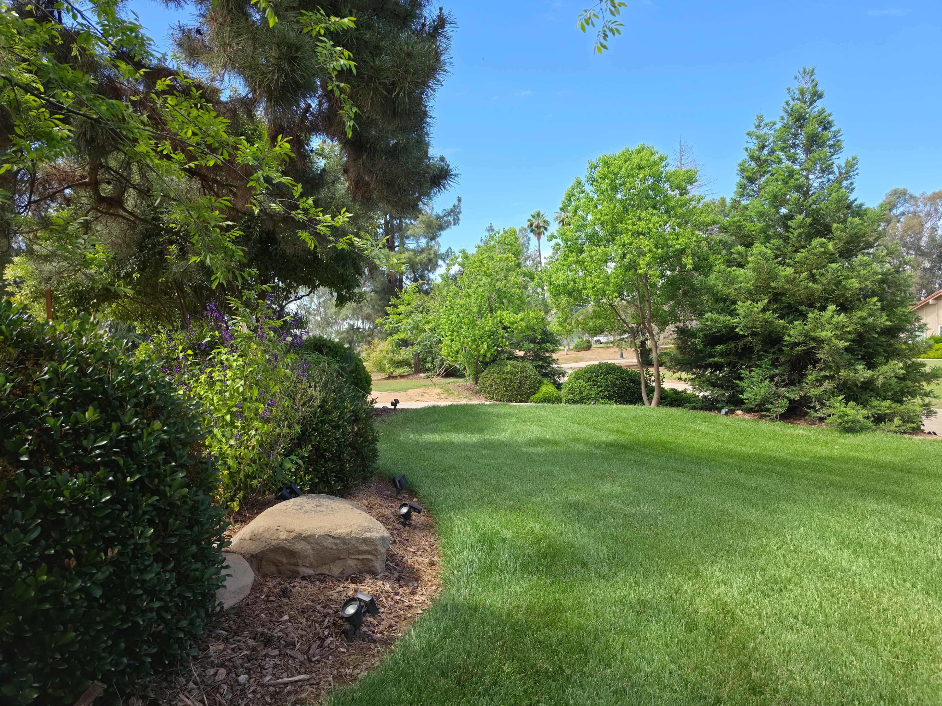 The image depicts a well-maintained garden with manicured grass, various green bushes, and trees under a clear blue sky.