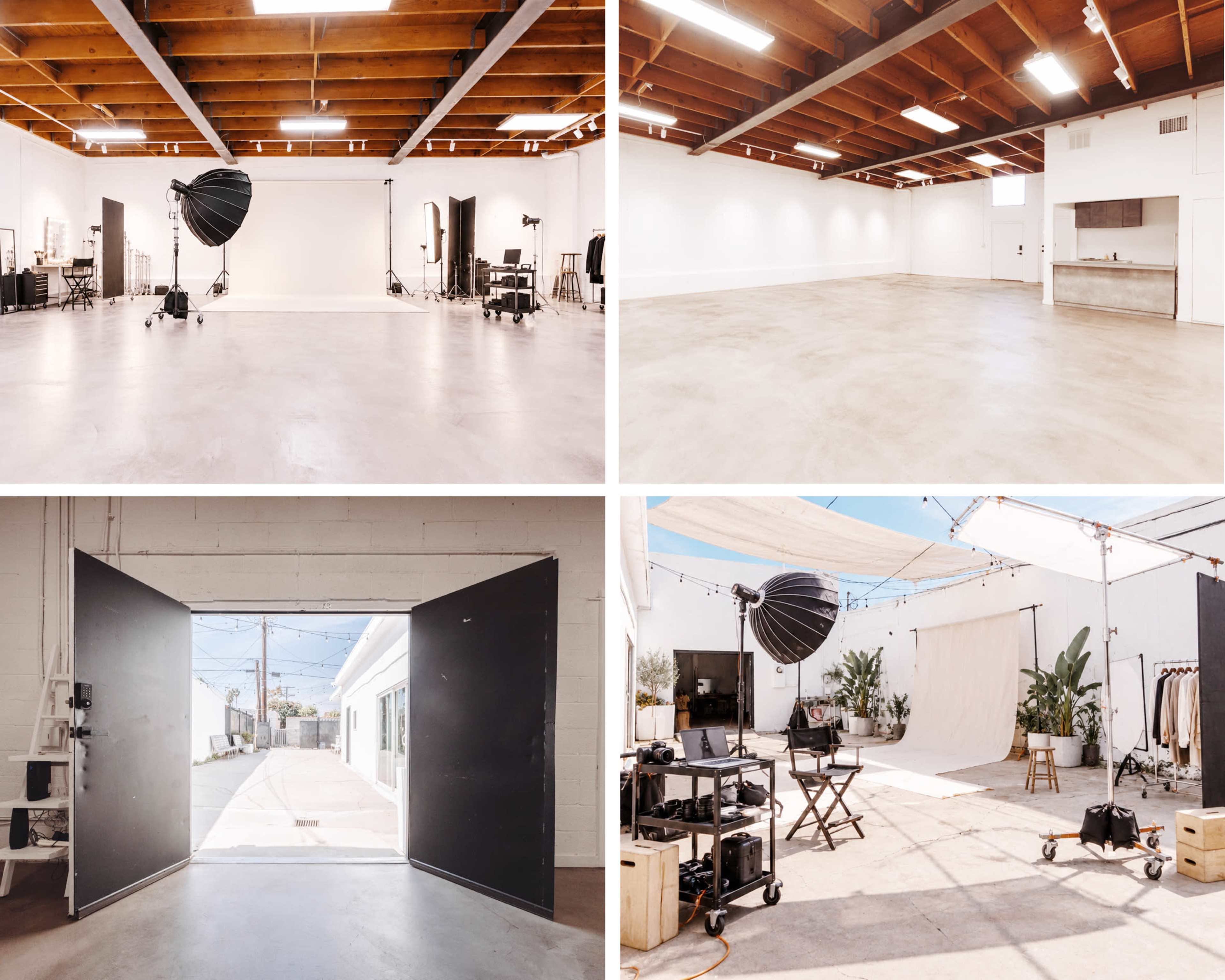 The image showcases a spacious photography studio with four sections, featuring a bright, empty interior, a photo setup with lighting equipment, and an outdoor area with natural lighting and props.