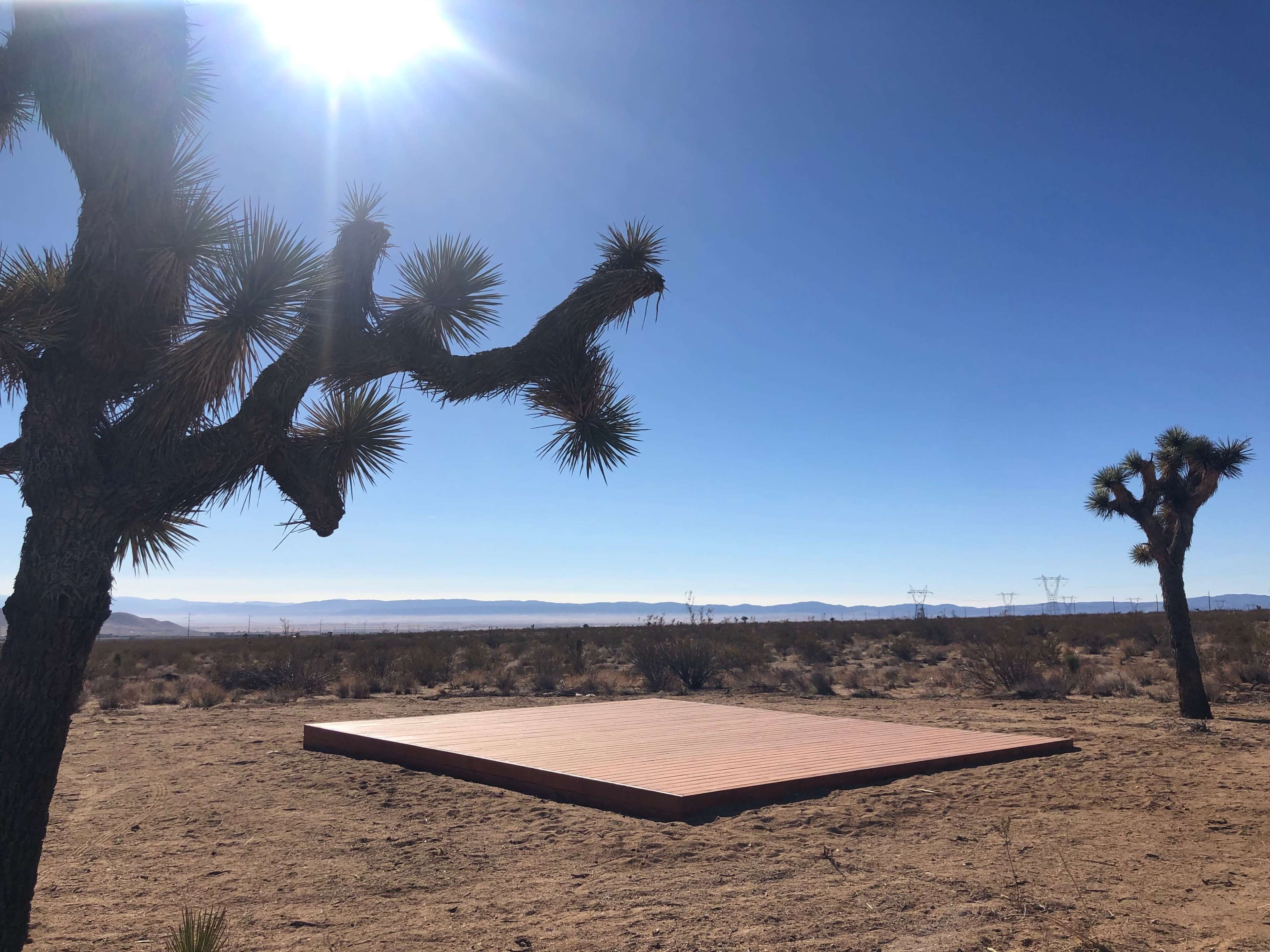 A wooden platform set in a desert landscape, surrounded by Joshua trees under a clear blue sky.