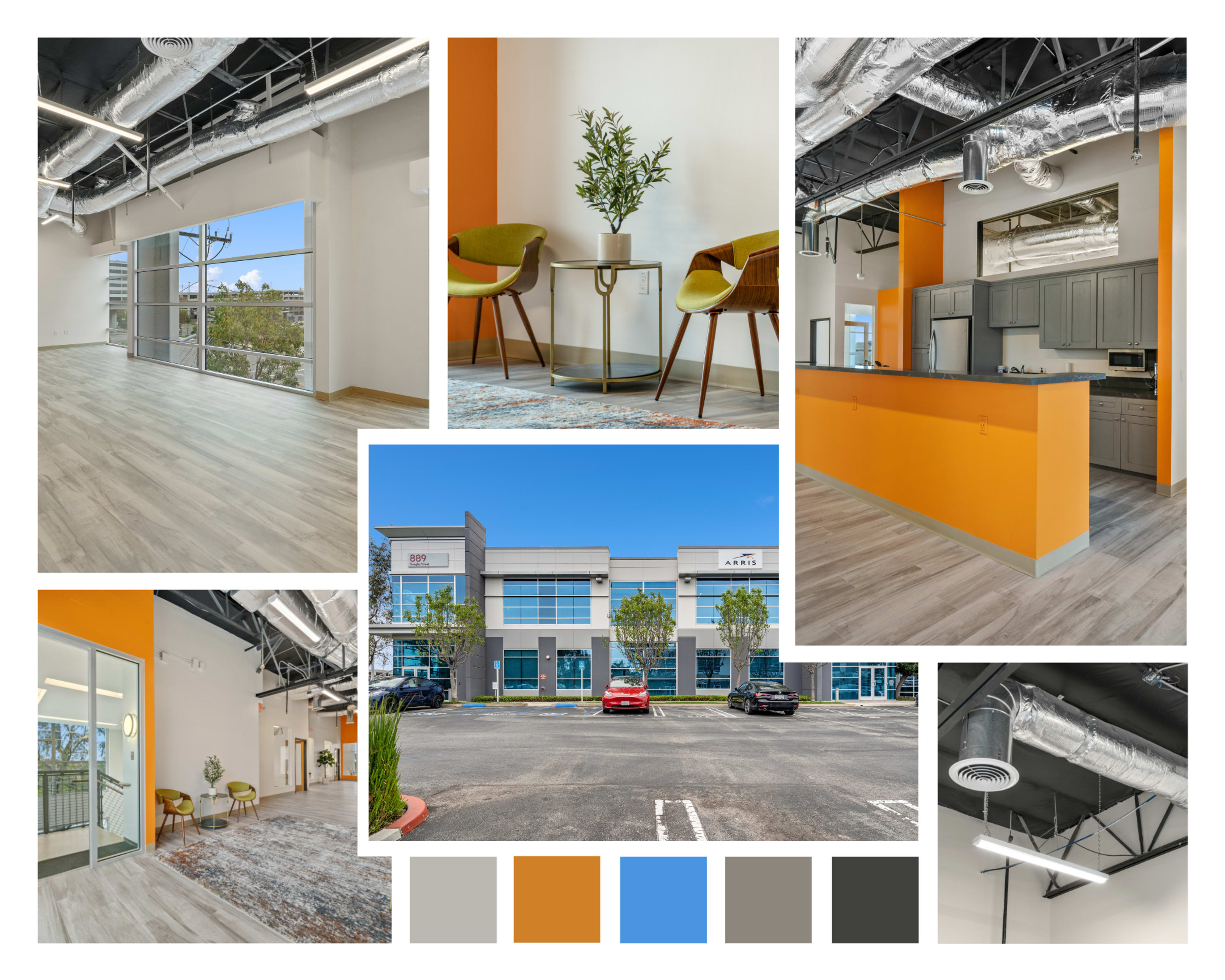 The image showcases a modern office space featuring large windows, contemporary furniture, and an orange accent wall.
