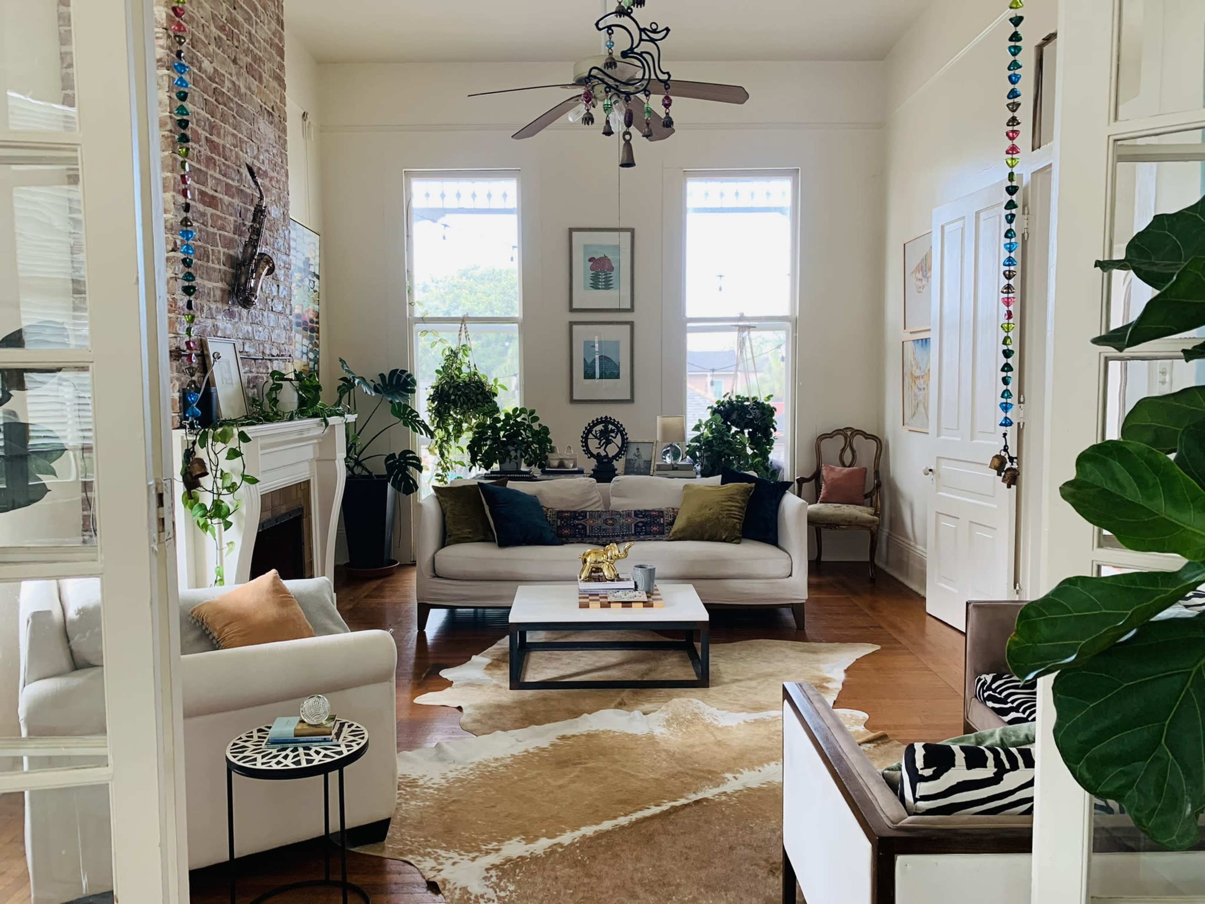 The living room features a combination of modern furniture, a large area rug, and several potted plants near bright windows.