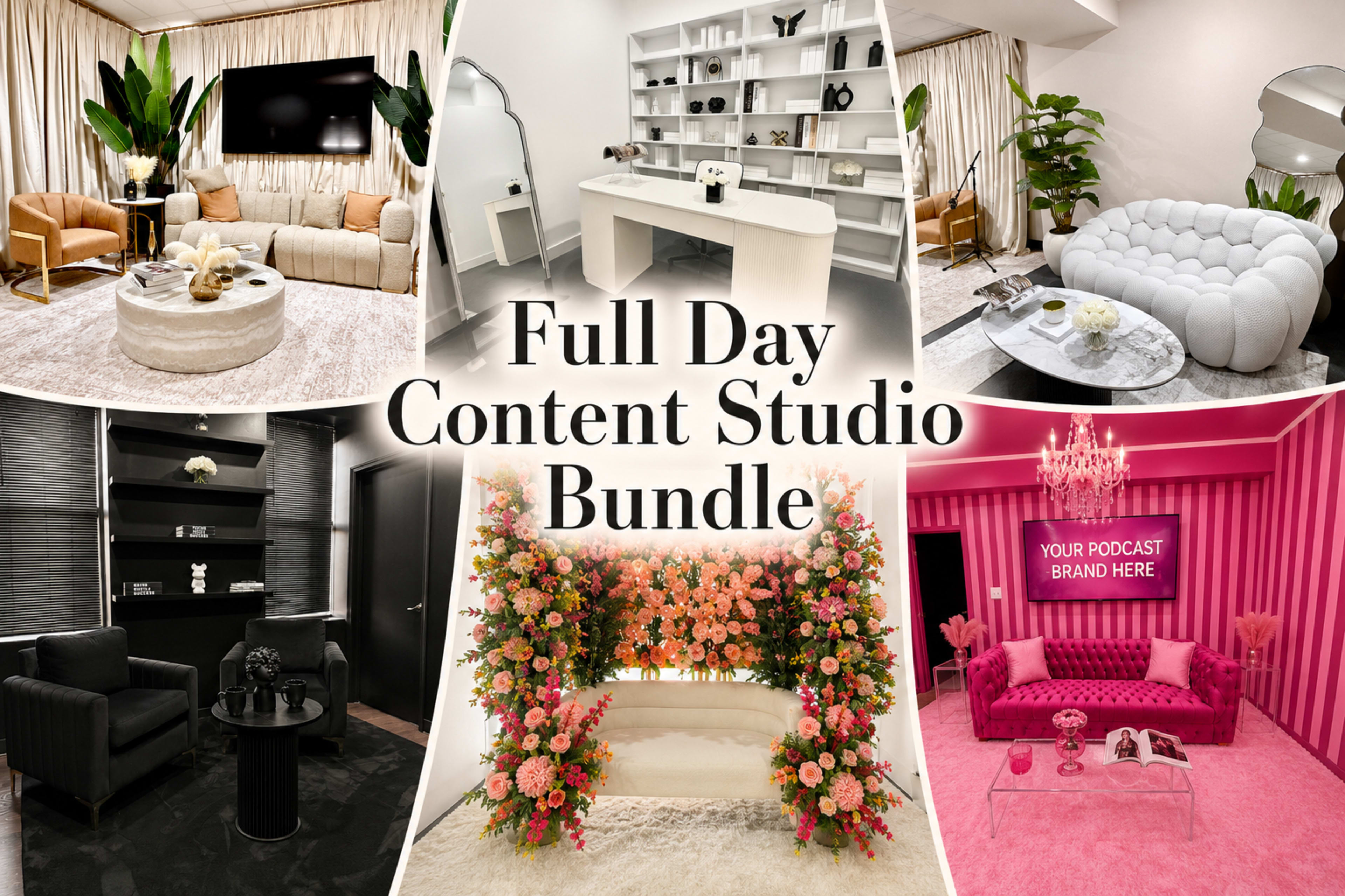 The image showcases a promotional graphic featuring various stylish rooms designed for content creation, labeled "Full Day Content Studio Bundle."