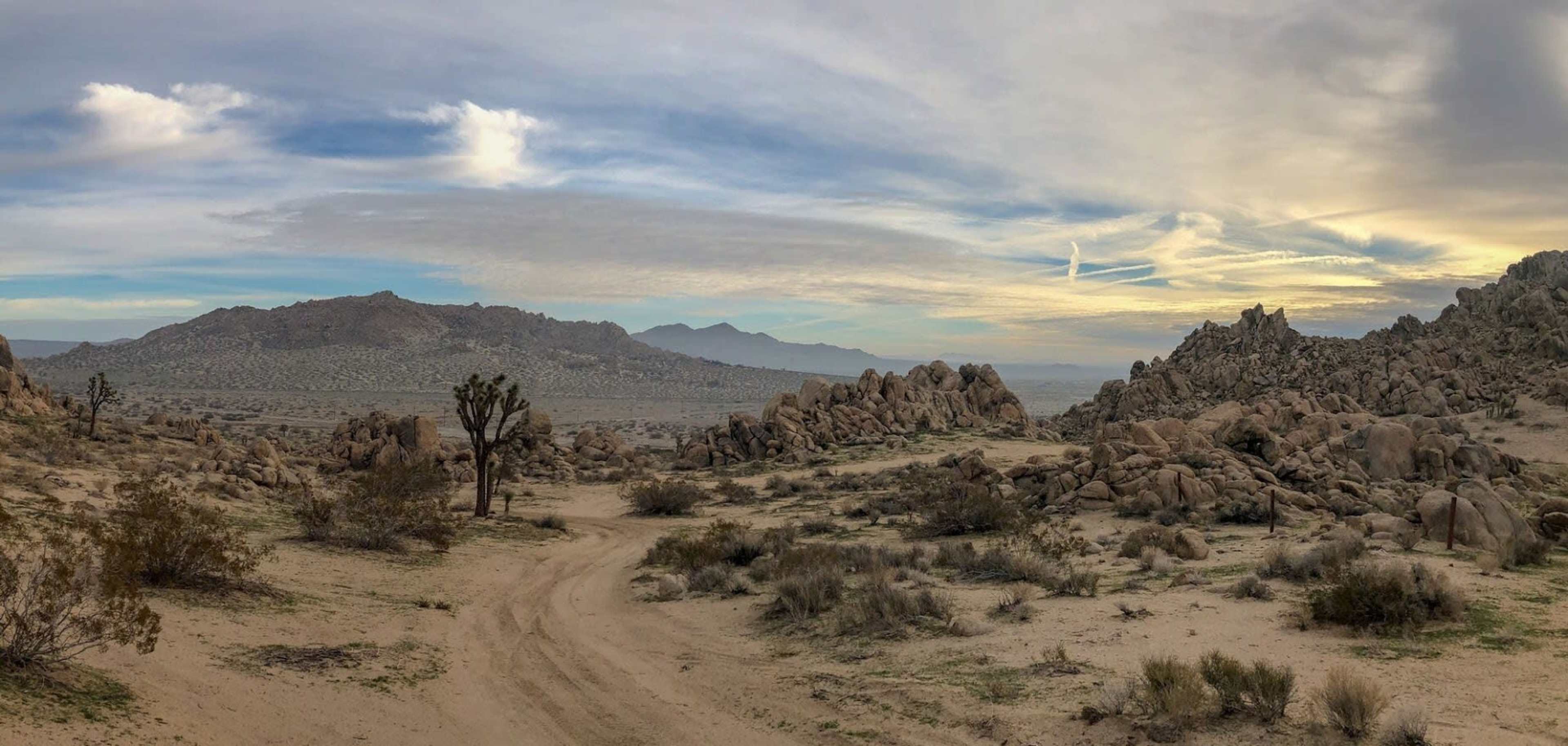 A winding dirt path leads through a rocky landscape with sparse vegetation and distant mountains under a cloudy sky.