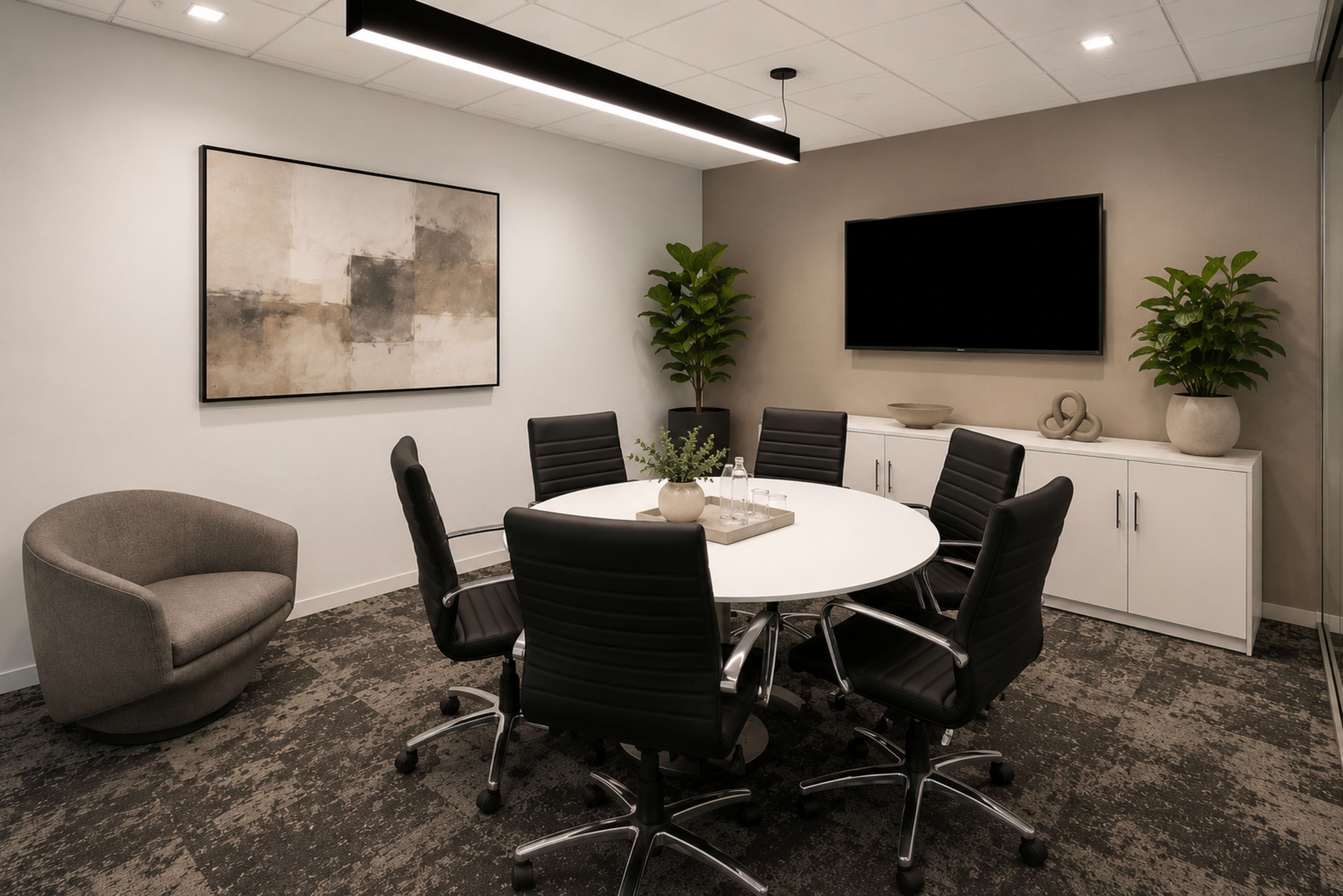 The image shows a modern conference room with a circular table surrounded by black ergonomic chairs, a large wall-mounted television, and two decorative plants in corner planters.