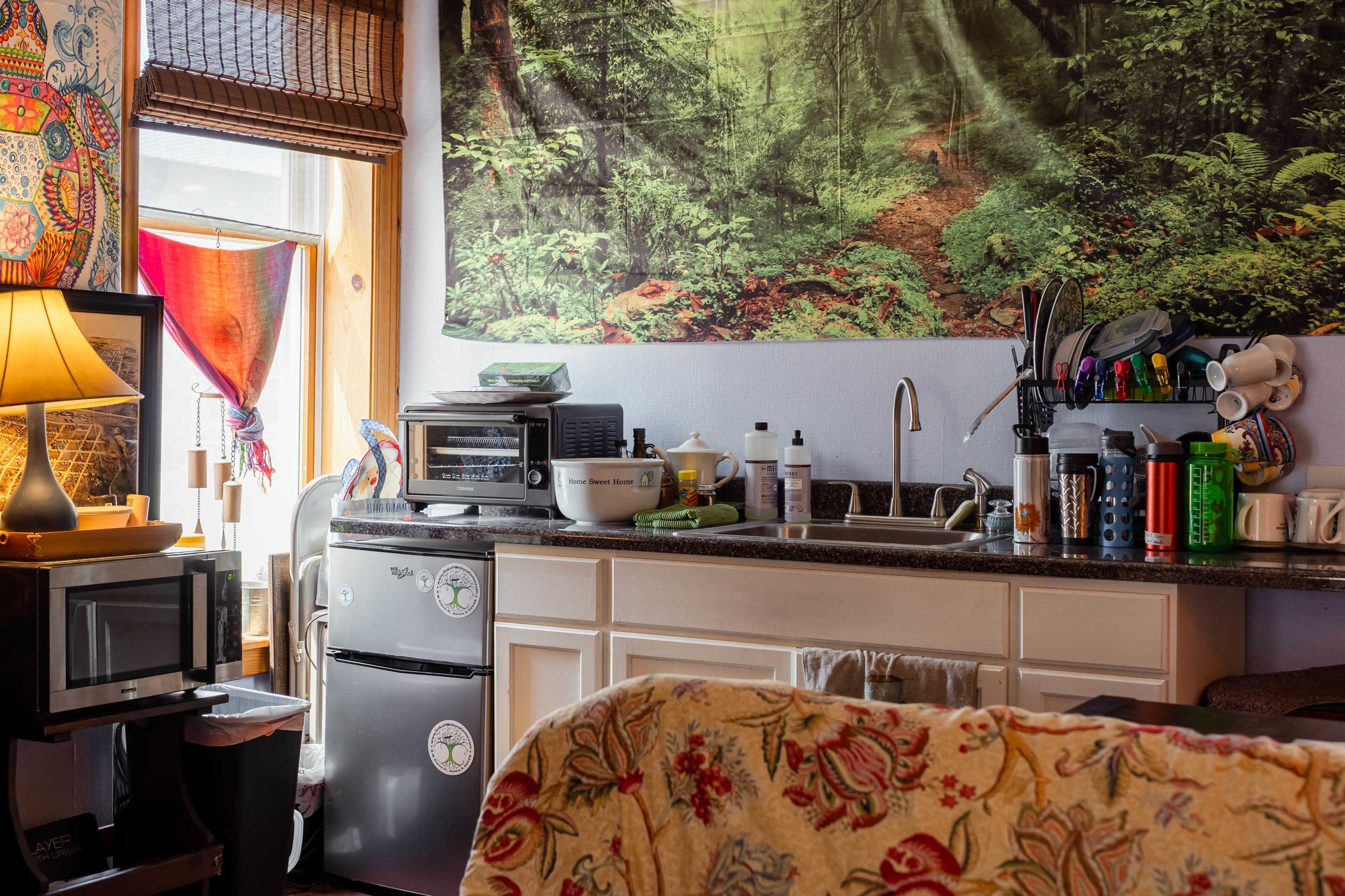 The image shows a kitchen area with a sink, countertop appliances, and a tapestry depicting a forest scene on the wall.