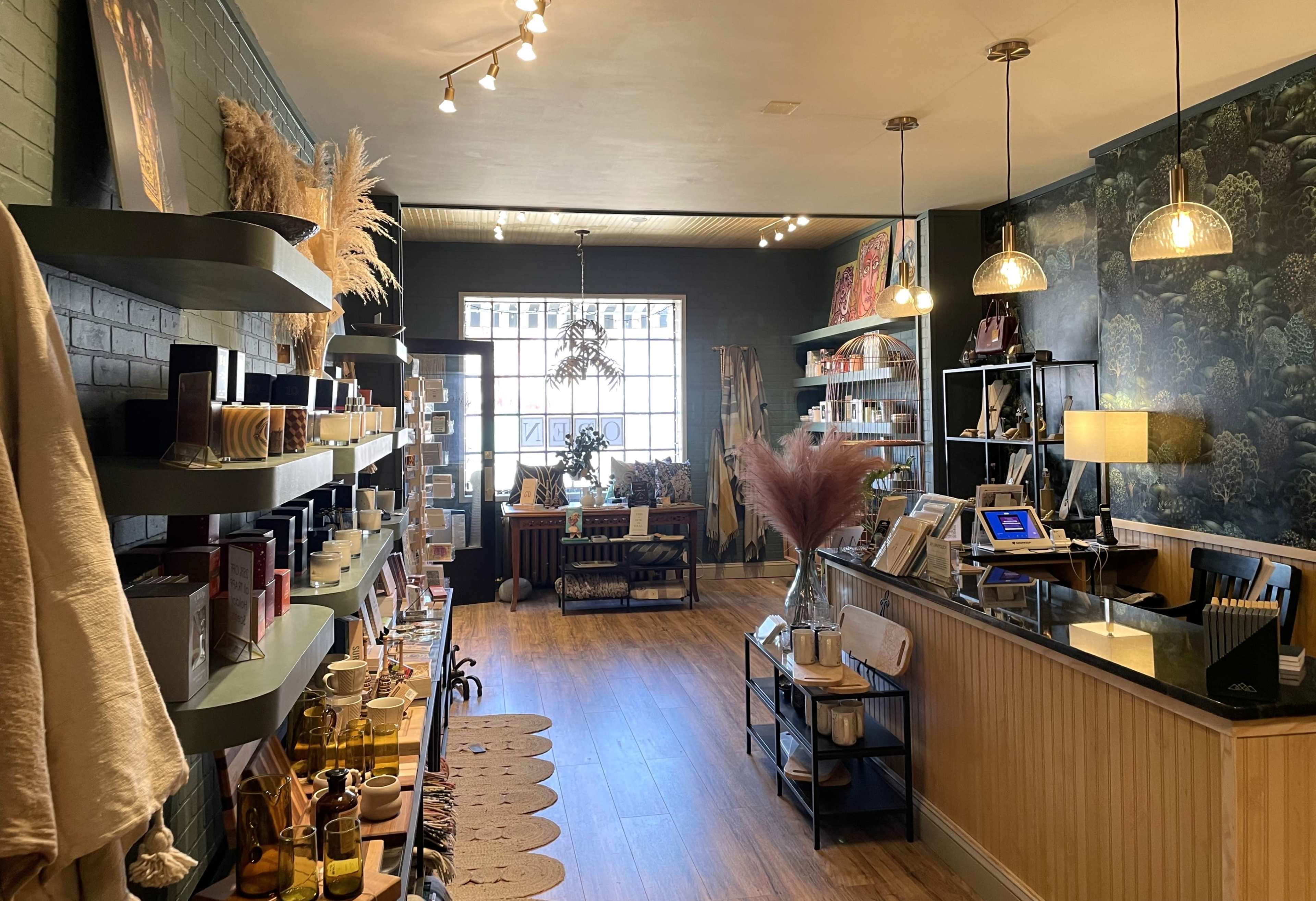 A neatly organized retail space featuring shelves of products, a checkout counter, and decorative plants against a patterned wall.