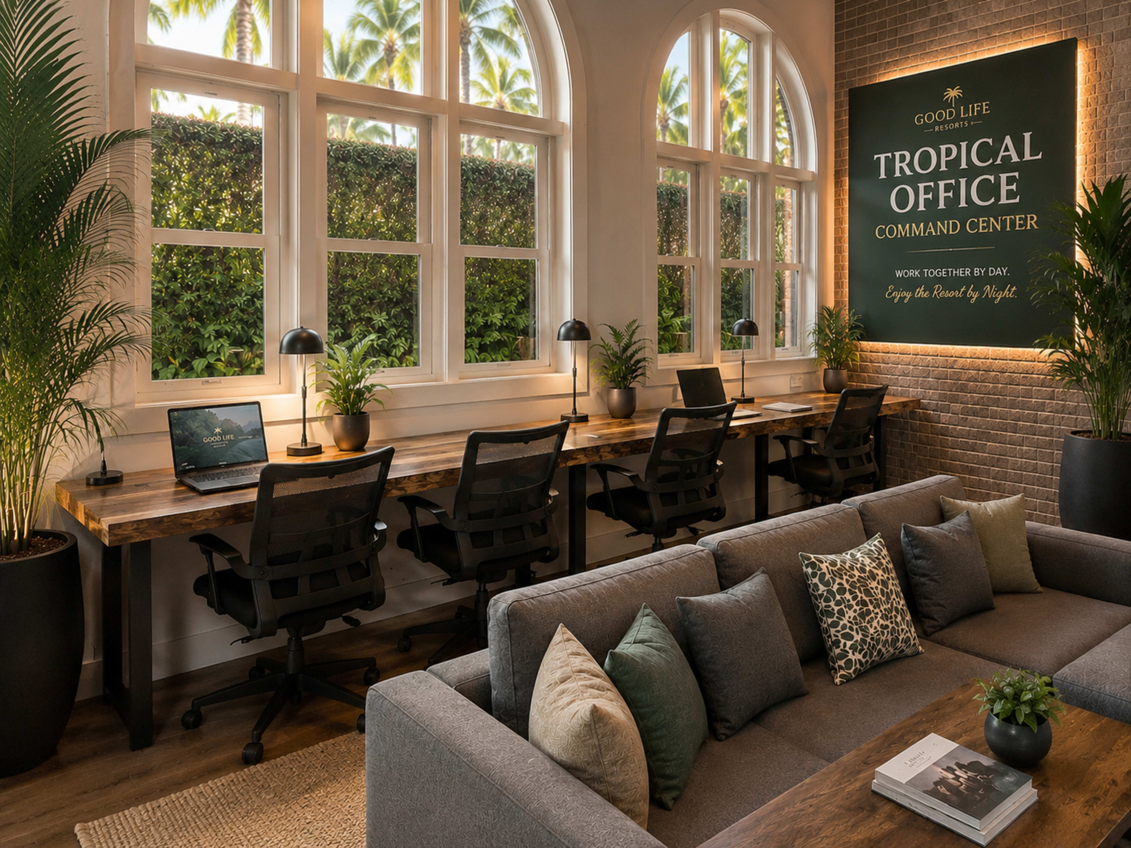 The image depicts a bright, tropical-themed office space featuring four desks with computers, surrounded by large windows and potted plants, along with a comfortable seating area.