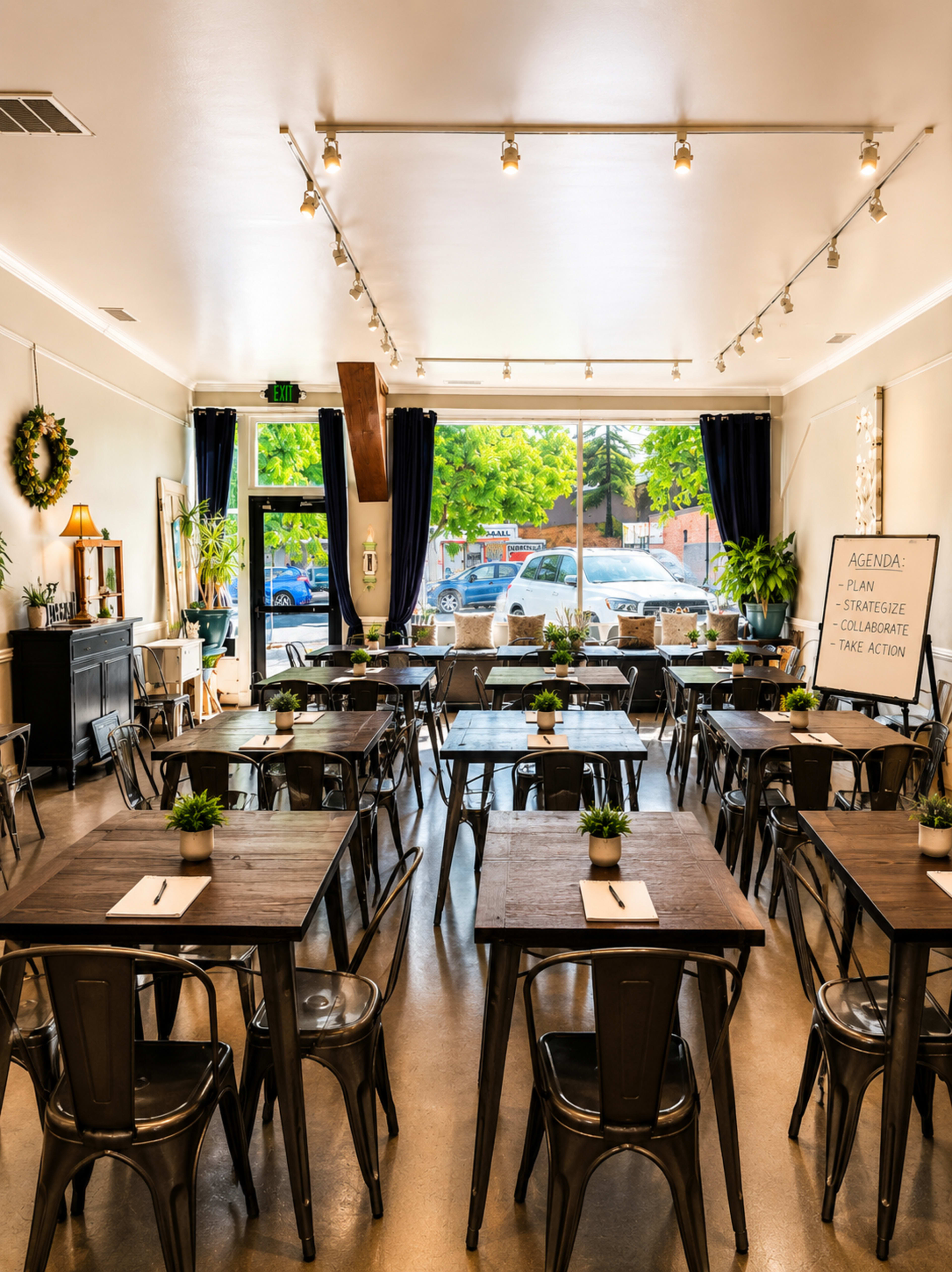 The image shows a bright, spacious meeting room filled with tables arranged for a collaborative event, featuring potted plants at each table and a whiteboard displaying an agenda.