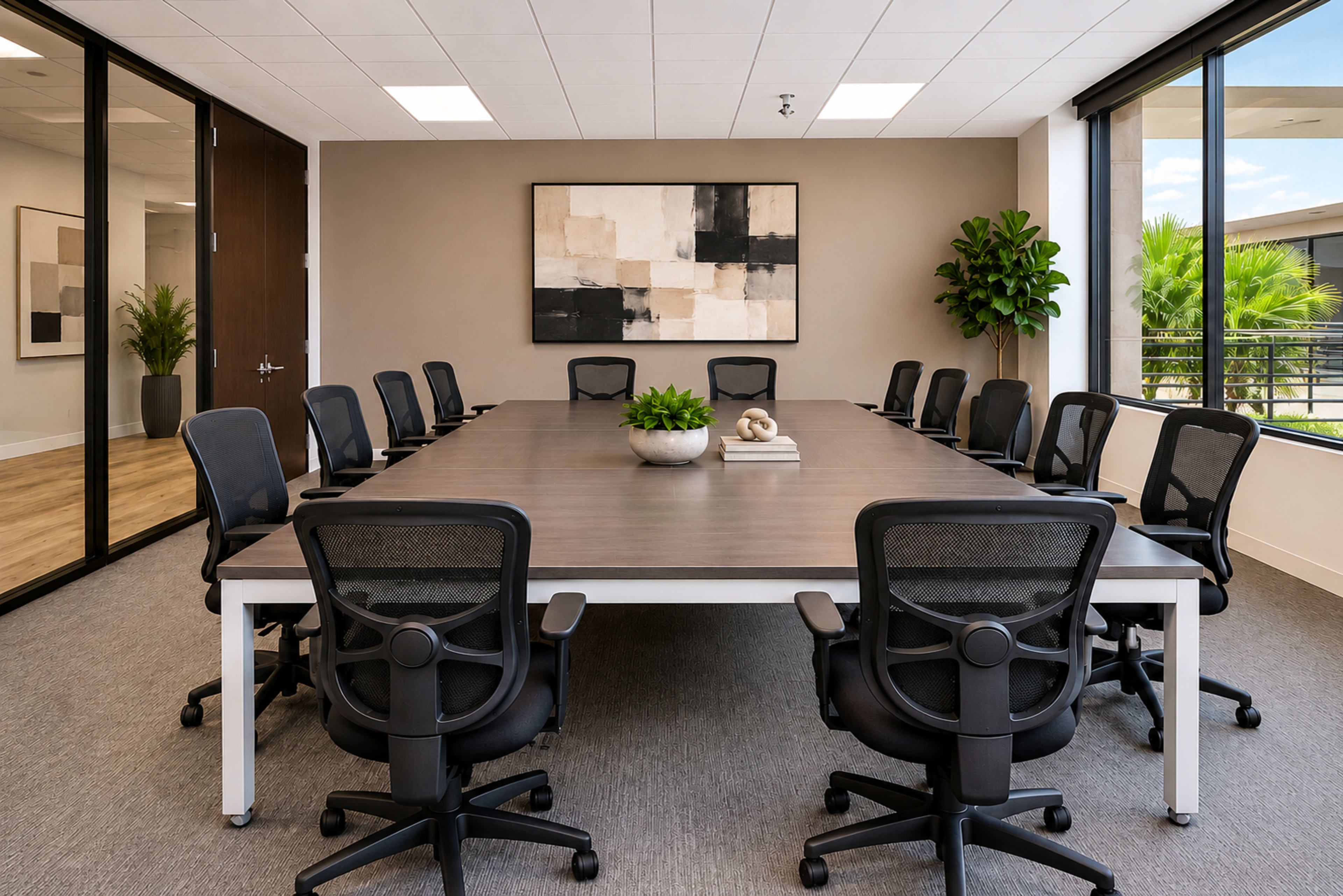 A large, modern conference room features a long table surrounded by black ergonomic chairs, with a minimalist artwork on the wall and a plant in the corner.