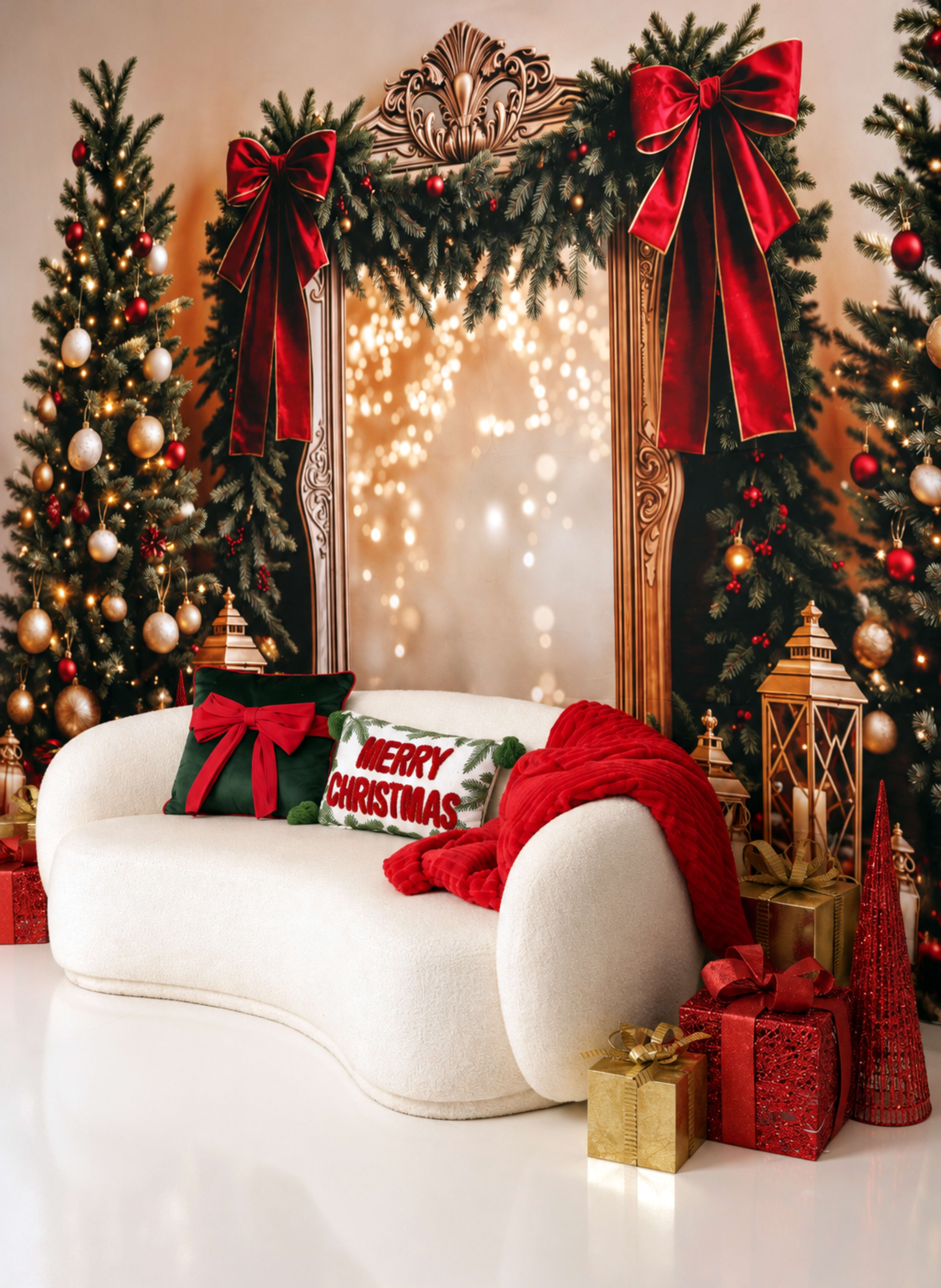 The image features a cozy white couch adorned with festive pillows and a red throw, placed in front of a decorative backdrop with Christmas trees, a large ornate frame, and wrapped gifts.