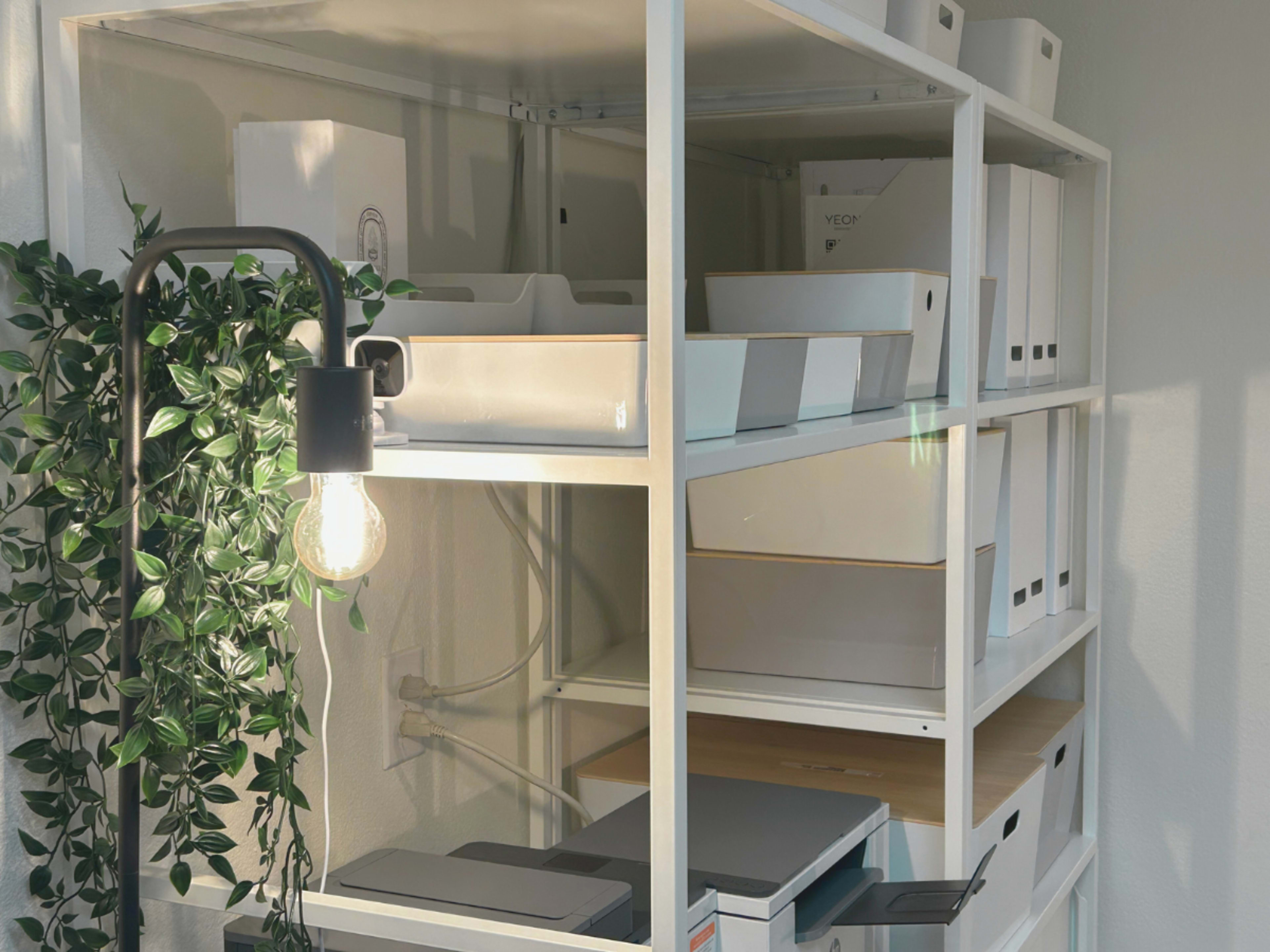 A white shelving unit with various storage boxes and a lamp stands against a wall, accompanied by a plant climbing the side.