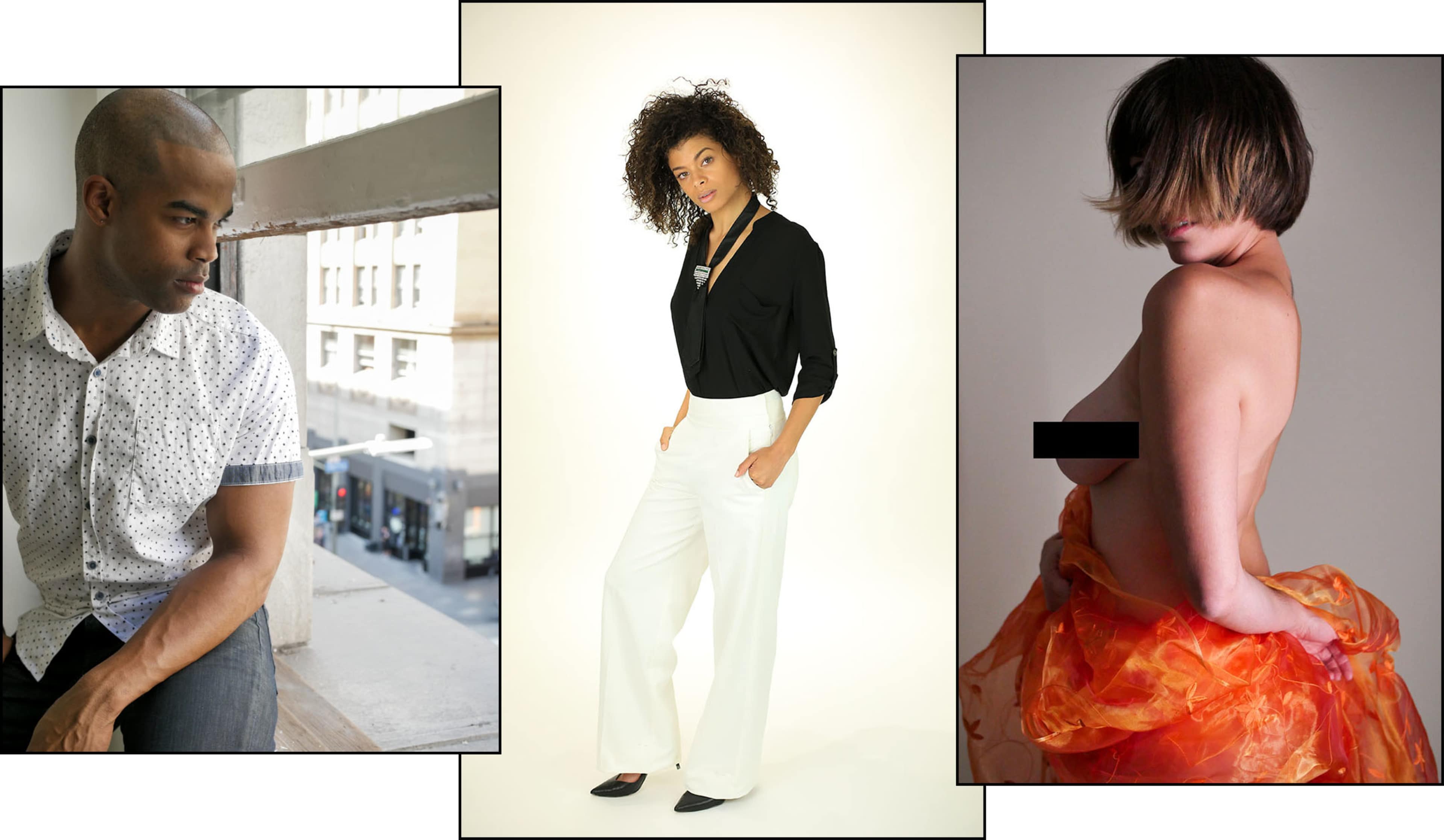 Three separate portraits of individuals in various poses and outfits against different backgrounds.