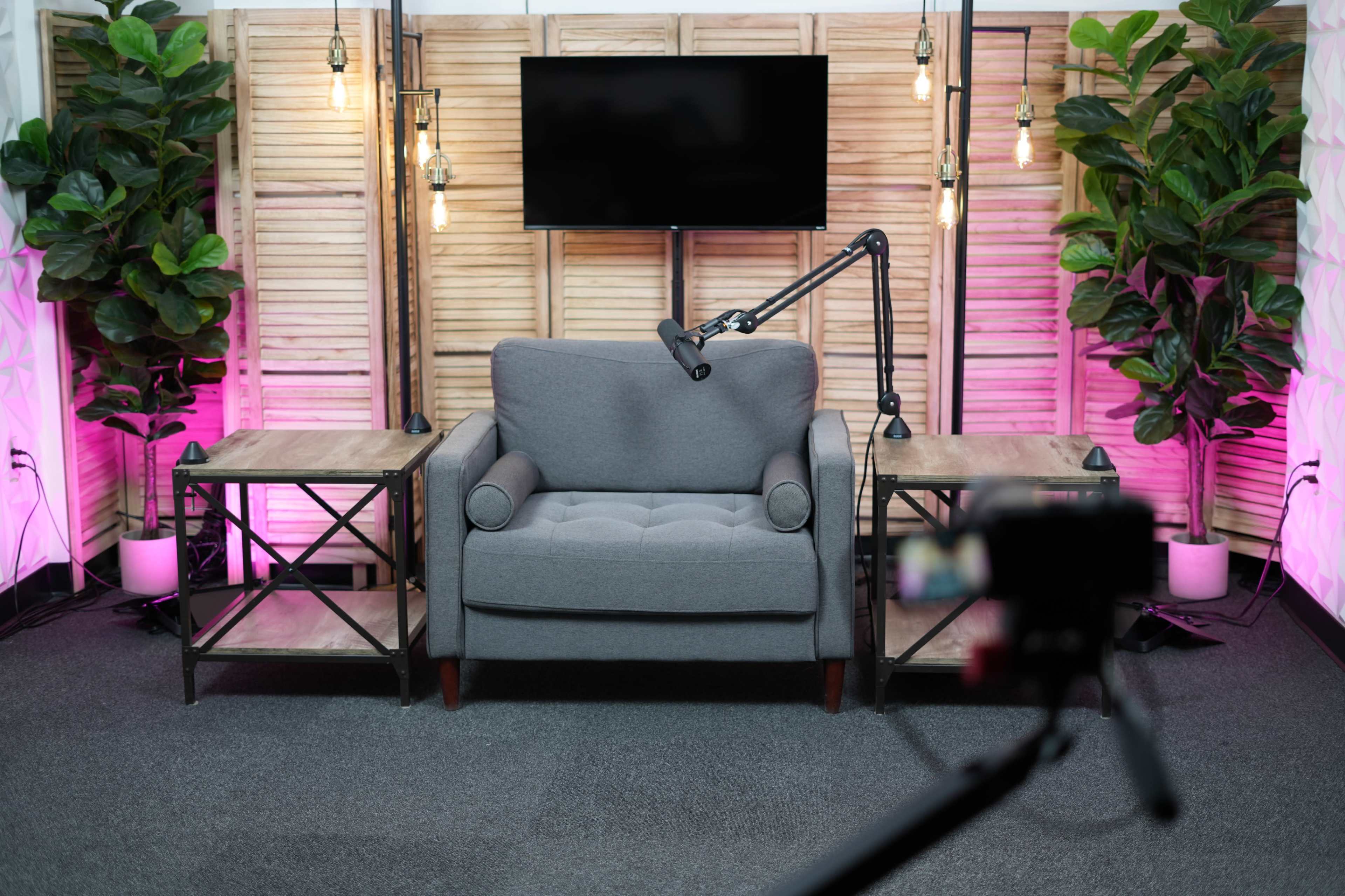 The image shows a gray armchair positioned between two wooden side tables, with a television screen mounted on a wooden backdrop and plants on either side, illuminated by soft pink lighting.