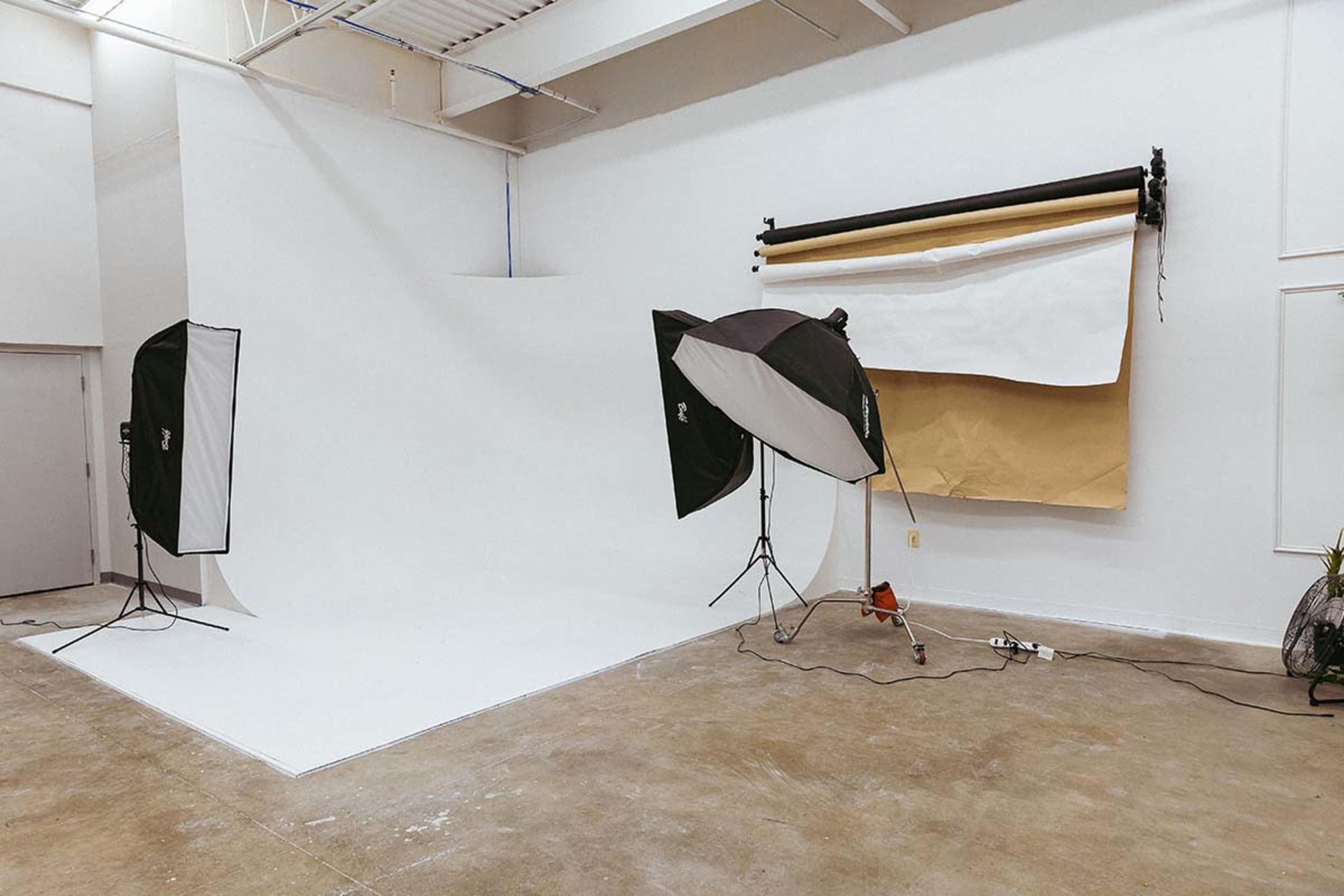 A photography studio features a white backdrop and two softbox light setups on a concrete floor.