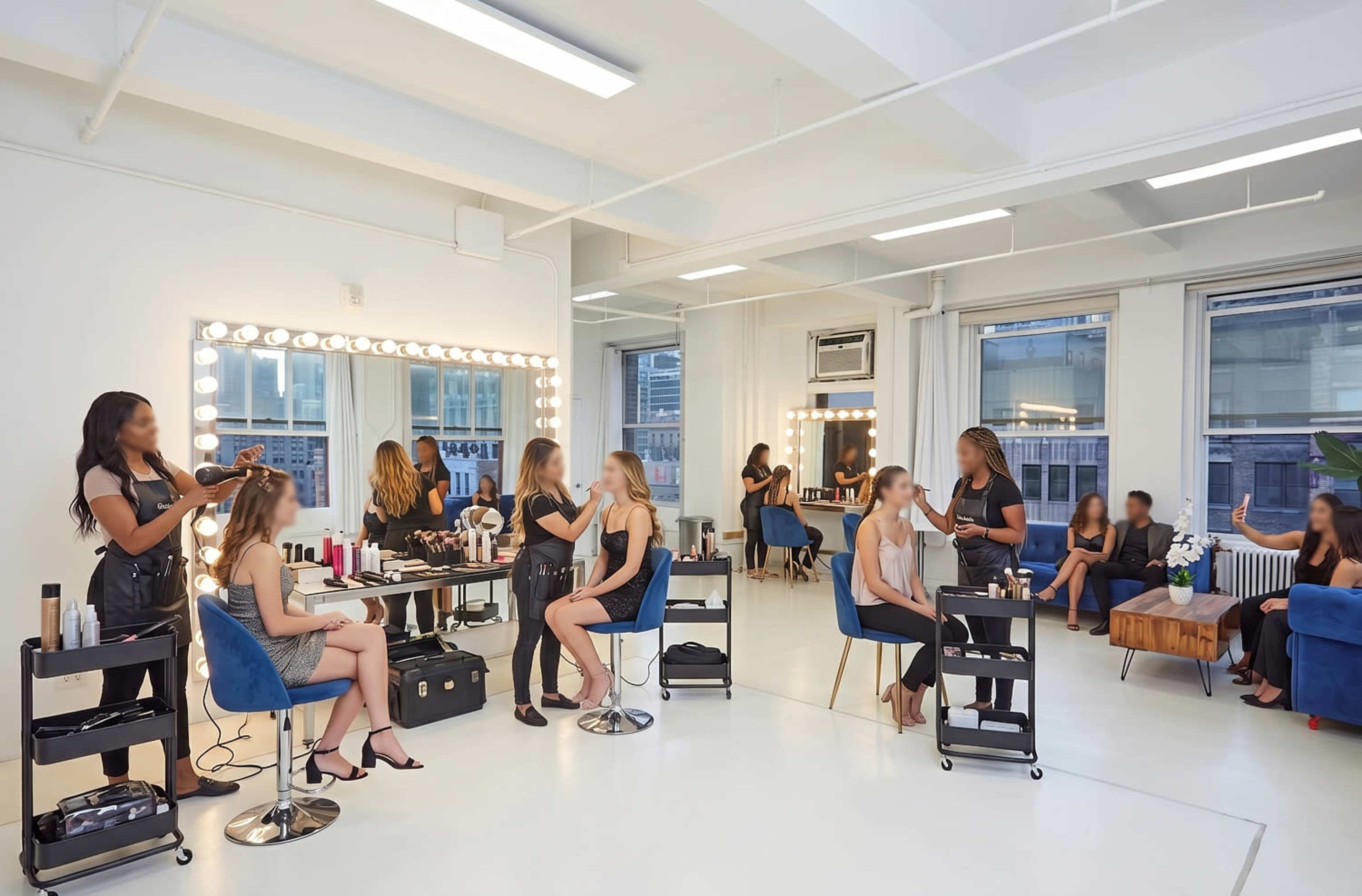A bright salon setting features several hairstylists working on clients, with mirrors and styling stations arranged around the space.