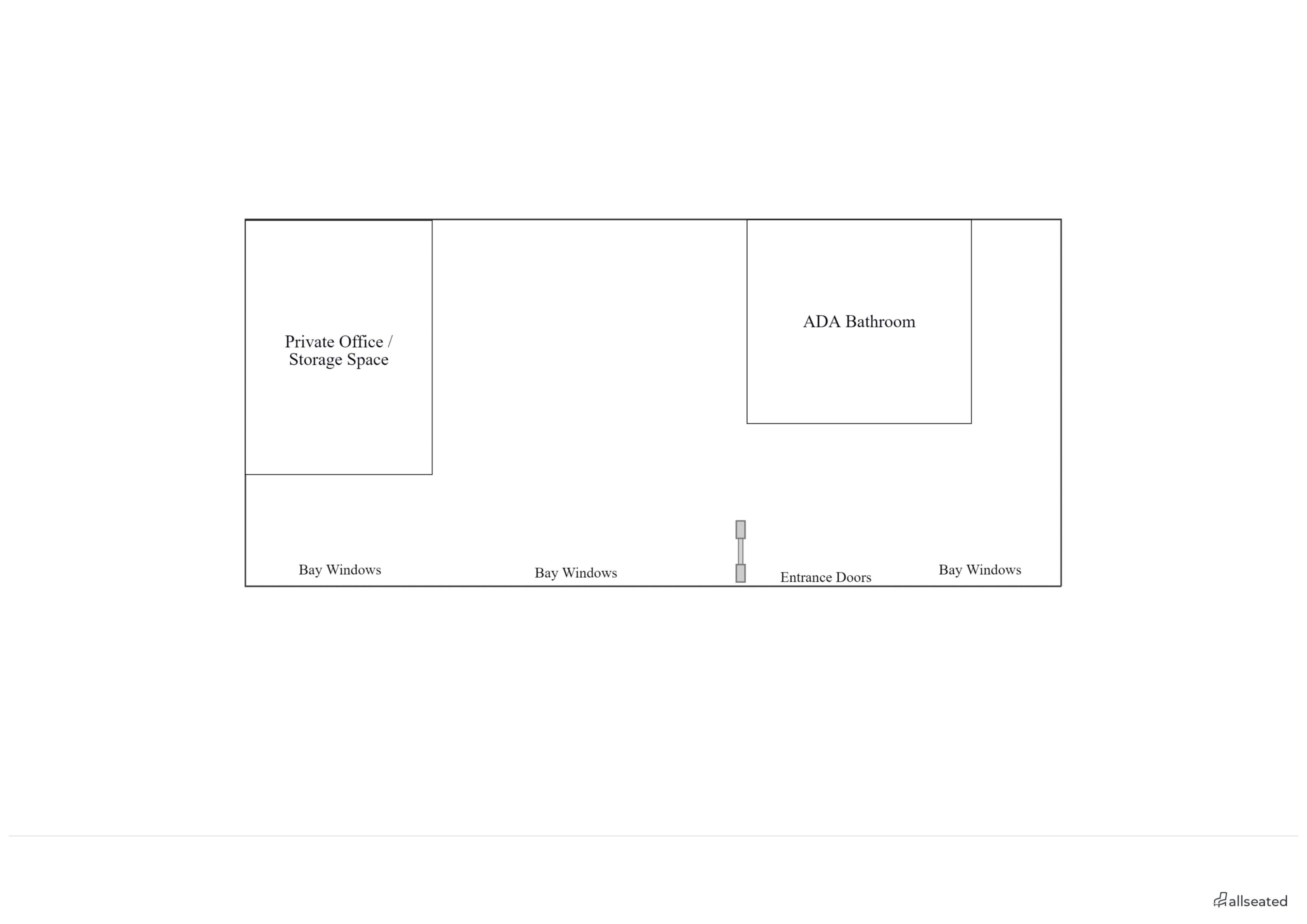 The image shows a simple floor plan with labeled areas including a private office/storage space, an ADA bathroom, and bay windows along the sides, plus entrance doors.